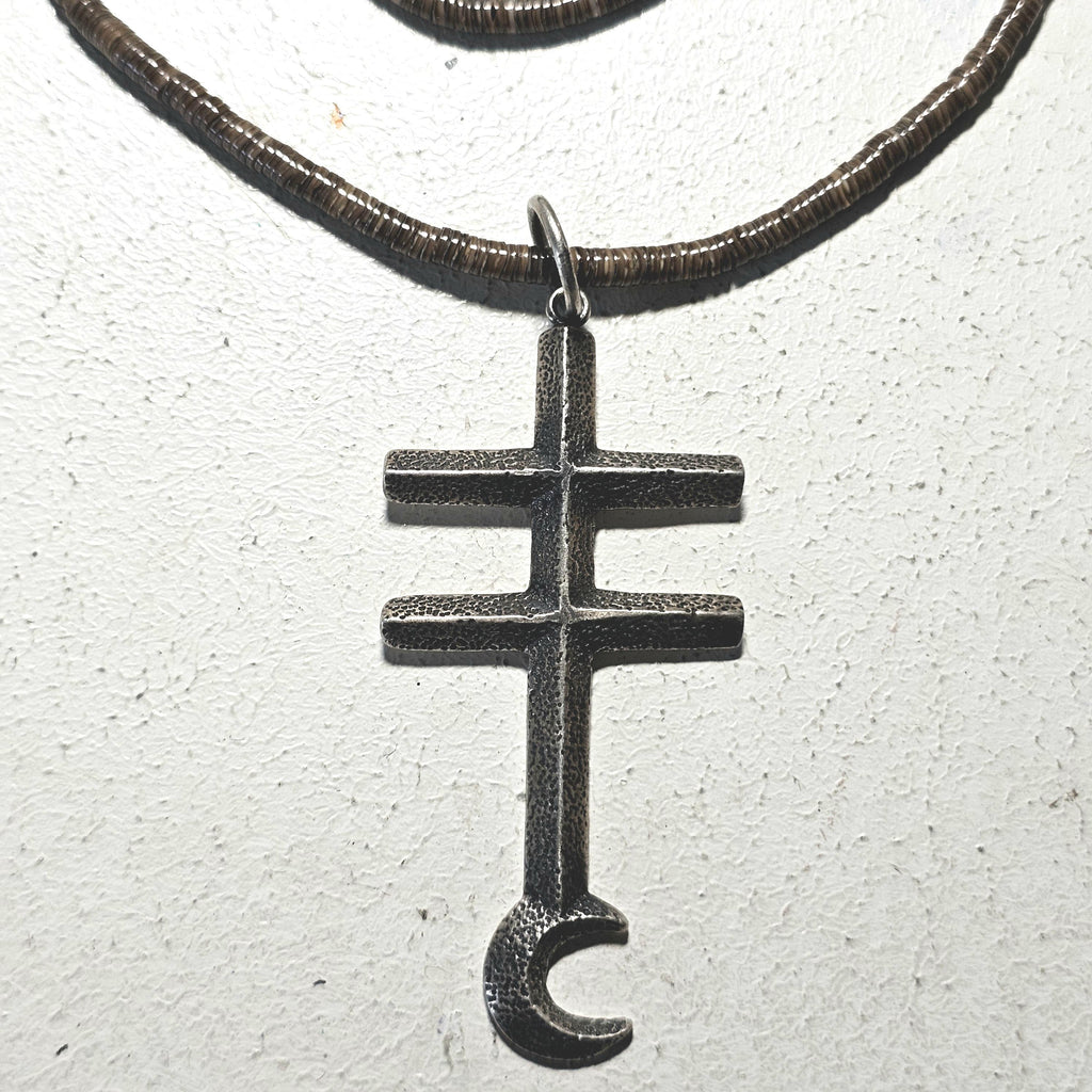 Pueblo Cross Signed Sterling Necklace Heishi Old Pawn C1970s JN 792