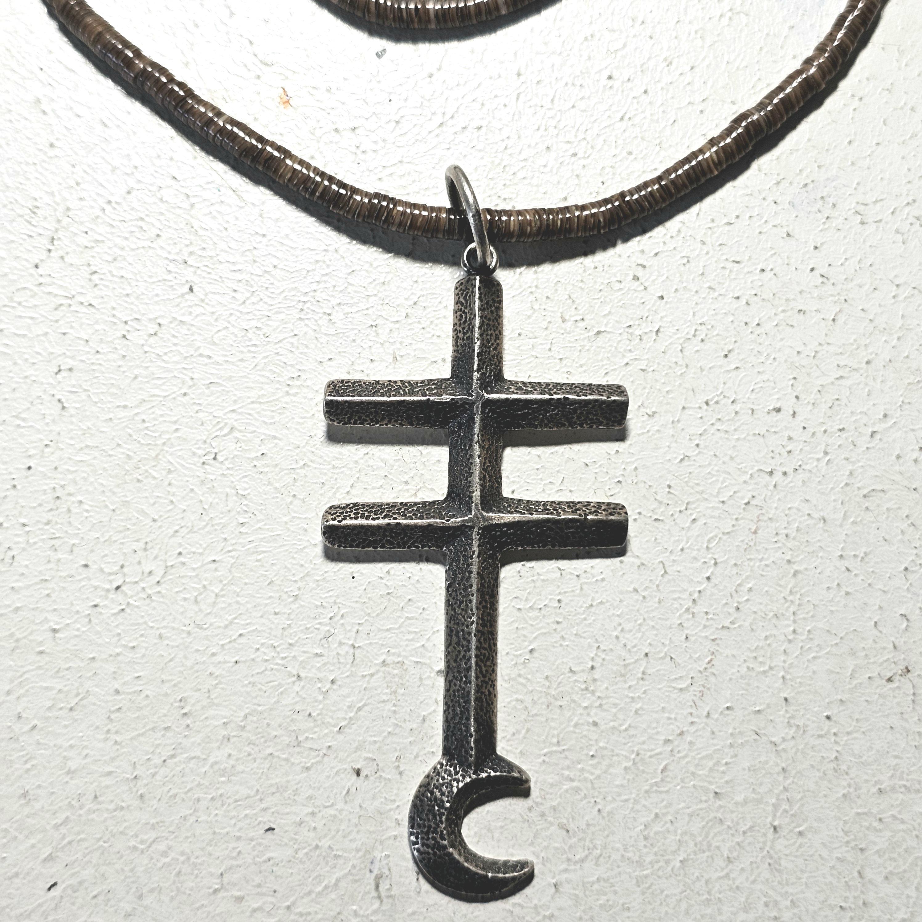 Pueblo Cross Signed Sterling Necklace Heishi Old Pawn C1970s JN 792