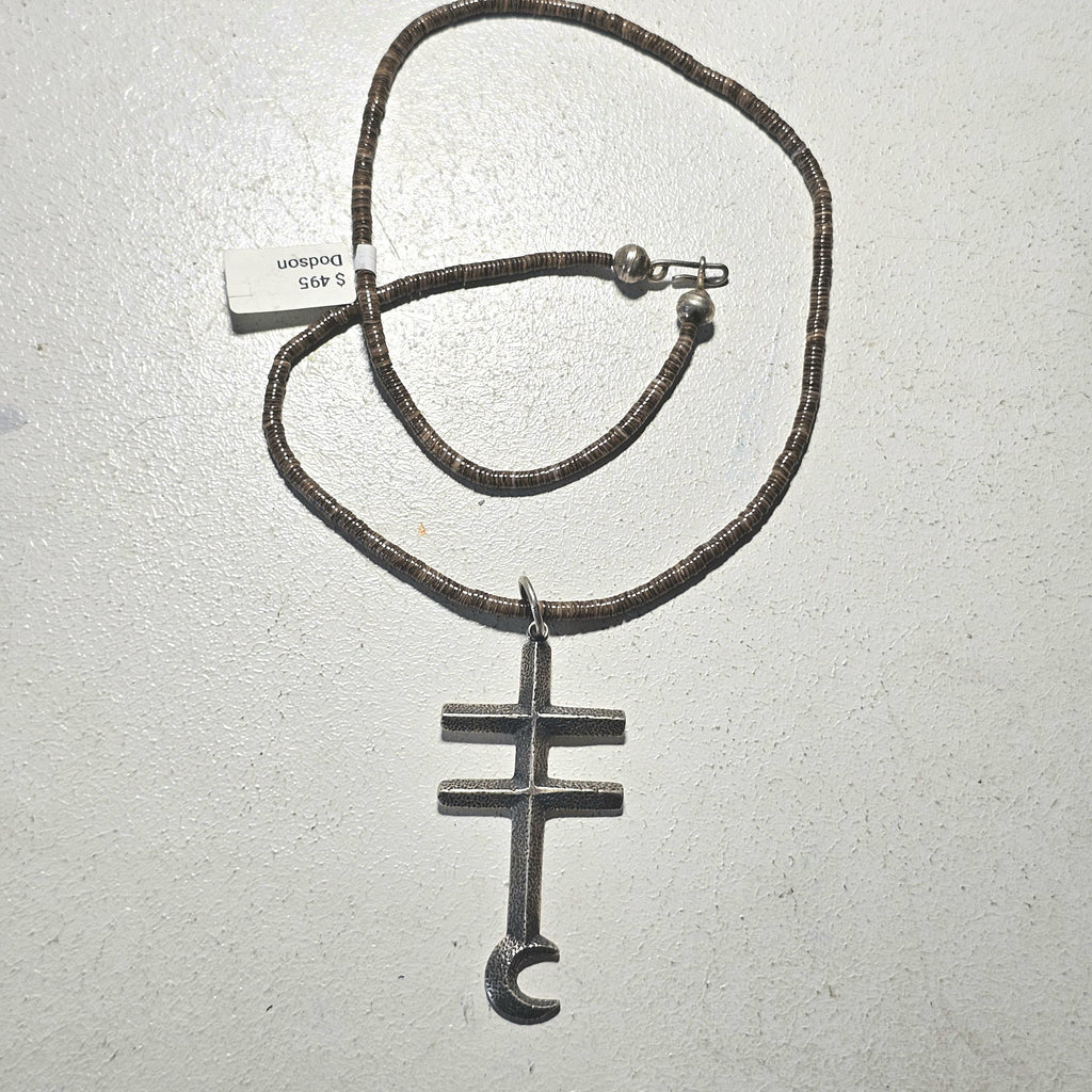 Pueblo Cross Signed Sterling Necklace Heishi Old Pawn C1970s JN 792