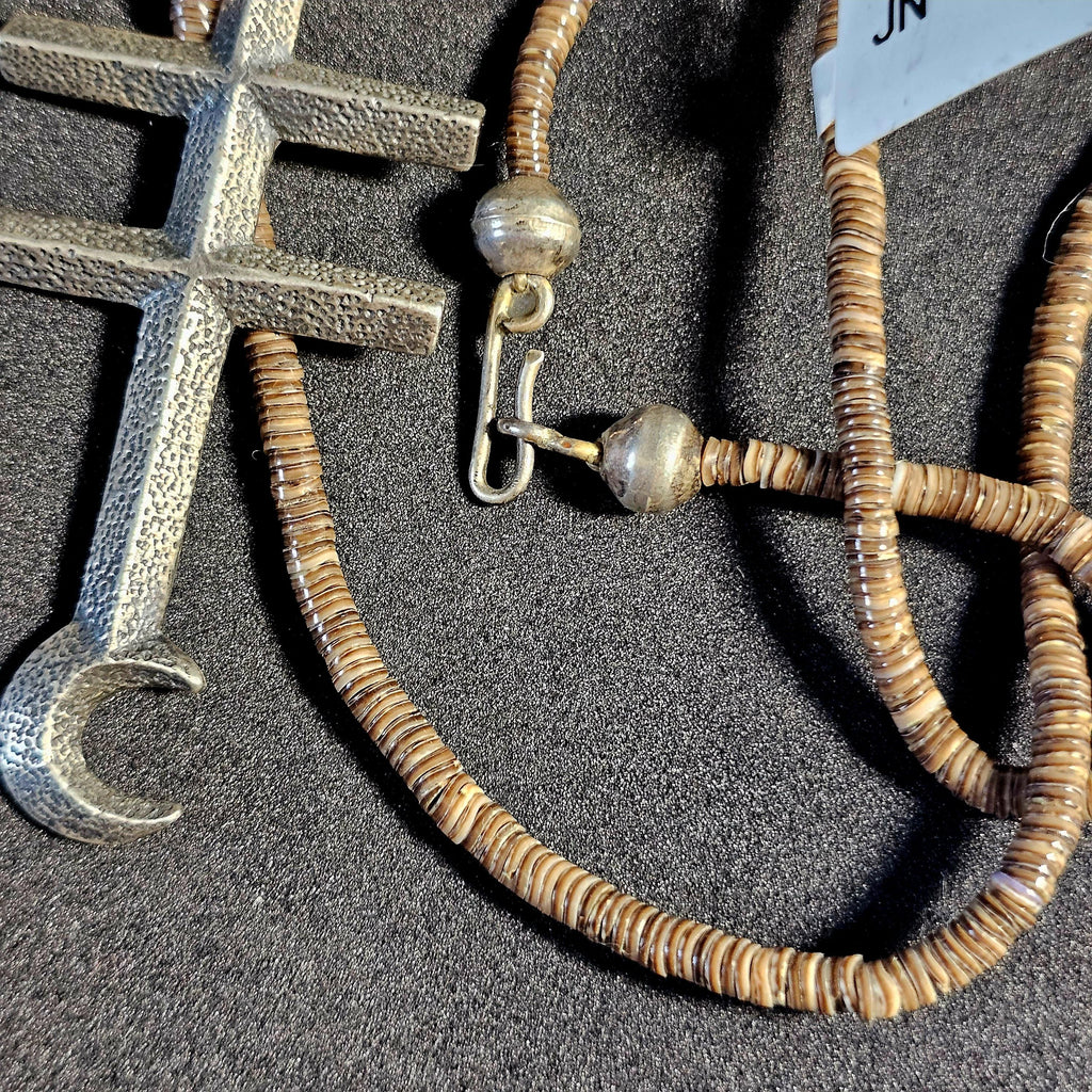 Pueblo Cross Signed Sterling Necklace Heishi Old Pawn C1970s JN 792