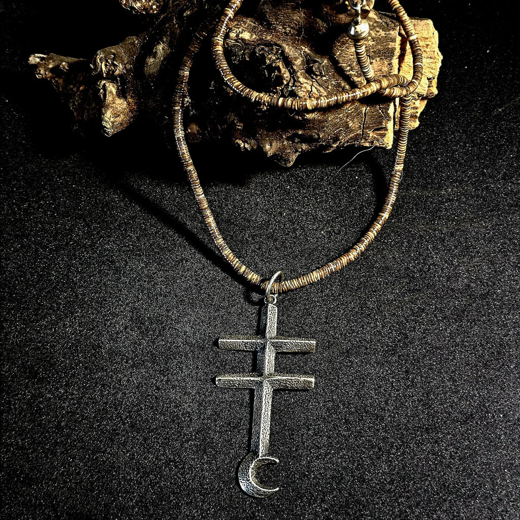 Pueblo Cross Signed Sterling Necklace Heishi Old Pawn C1970s JN 792