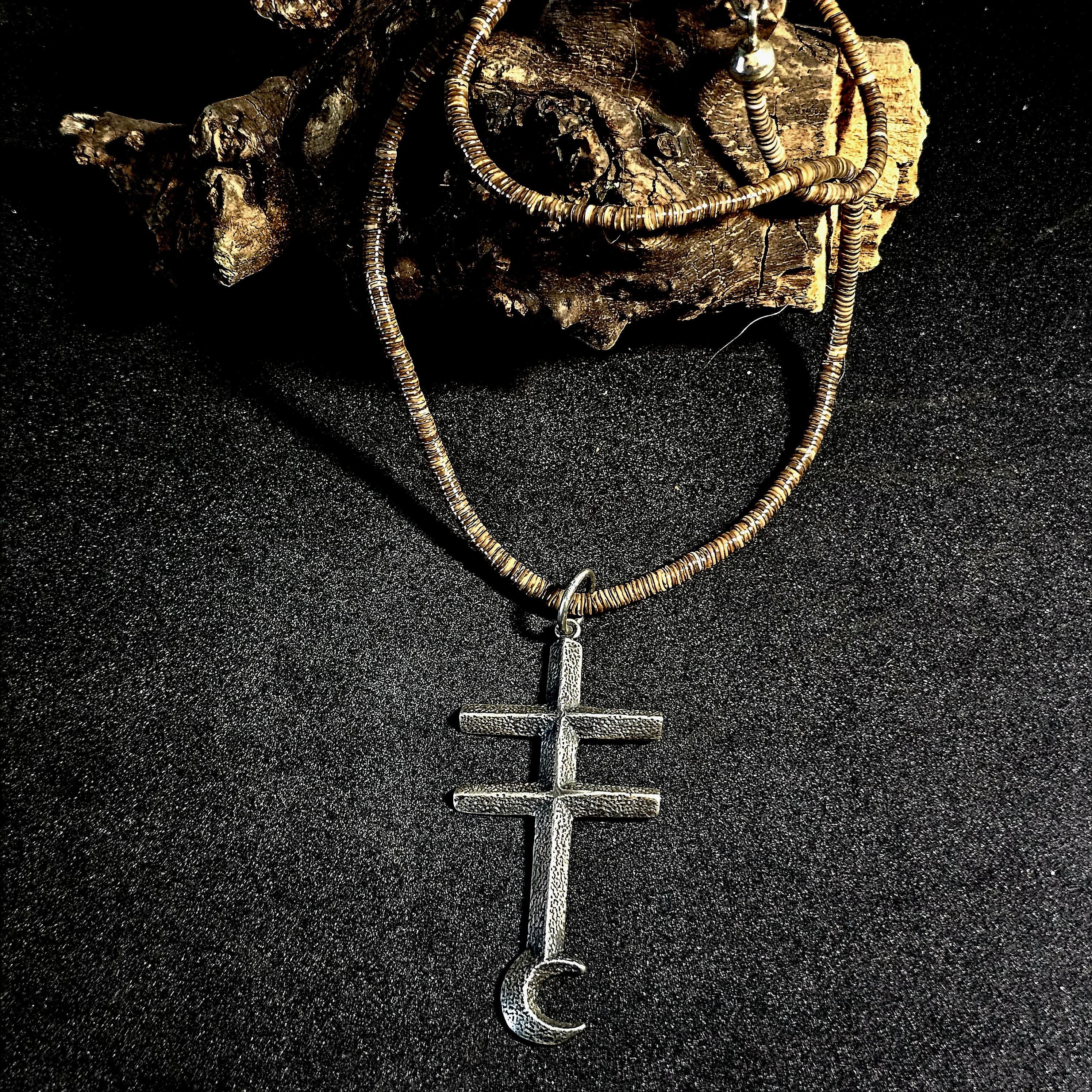 Pueblo Cross Signed Sterling Necklace Heishi Old Pawn C1970s JN 792