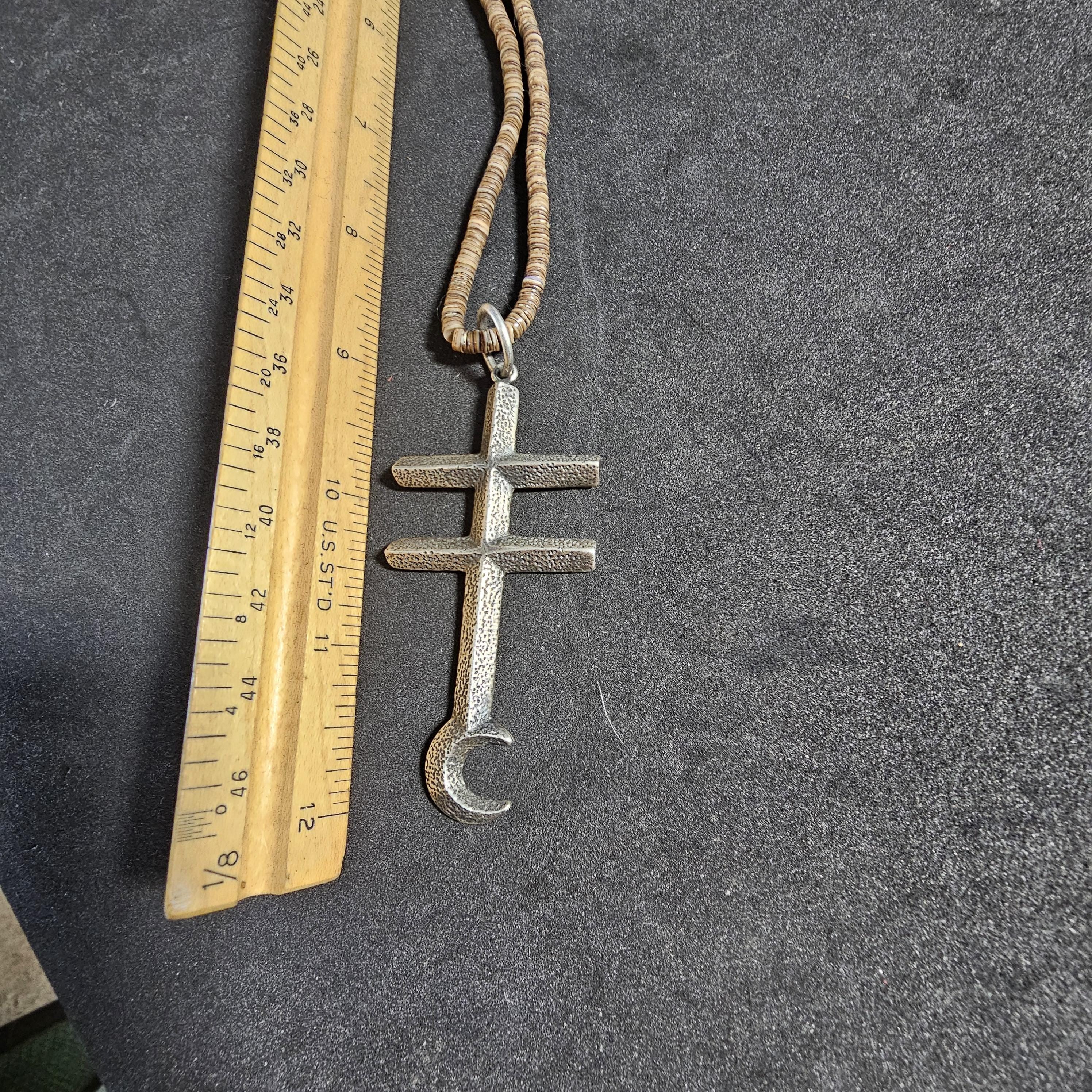 Pueblo Cross Signed Sterling Necklace Heishi Old Pawn C1970s JN 792