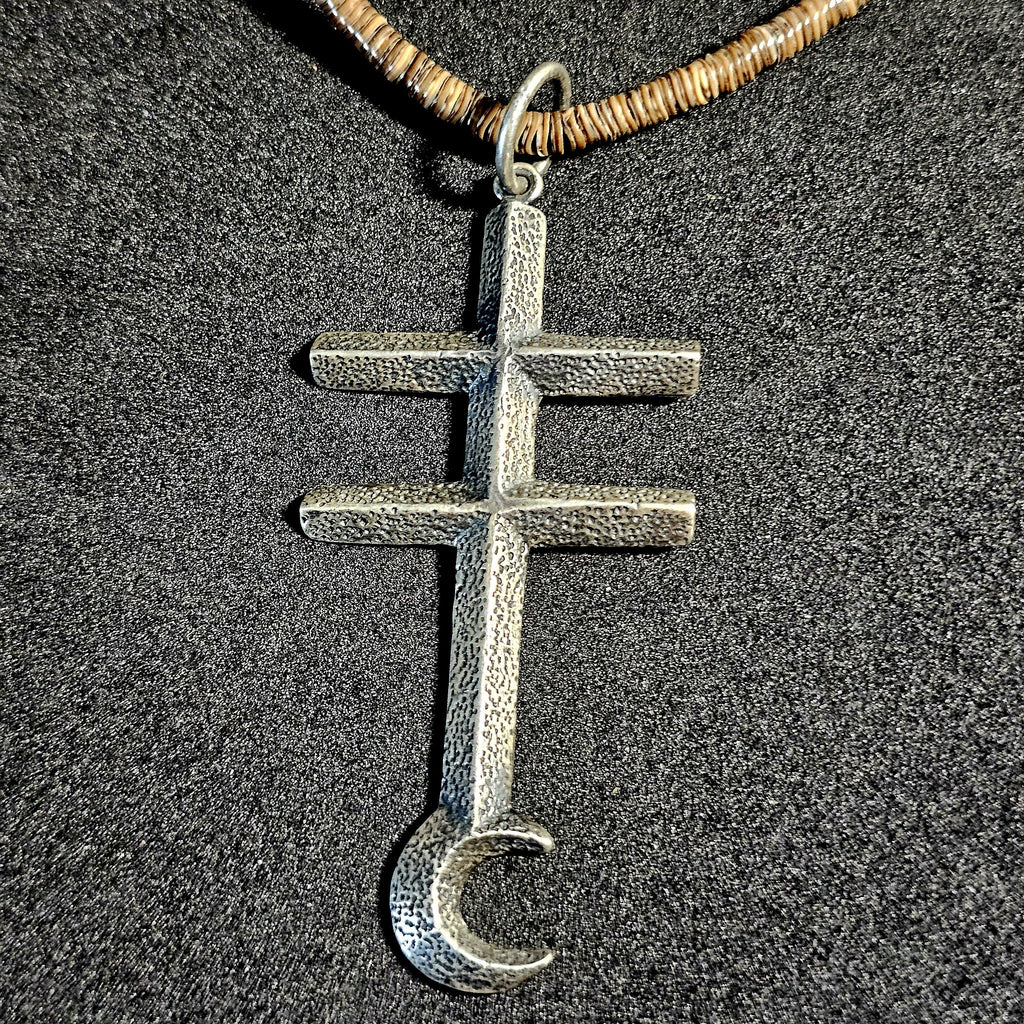Pueblo Cross Signed Sterling Necklace Heishi Old Pawn C1970s JN 792