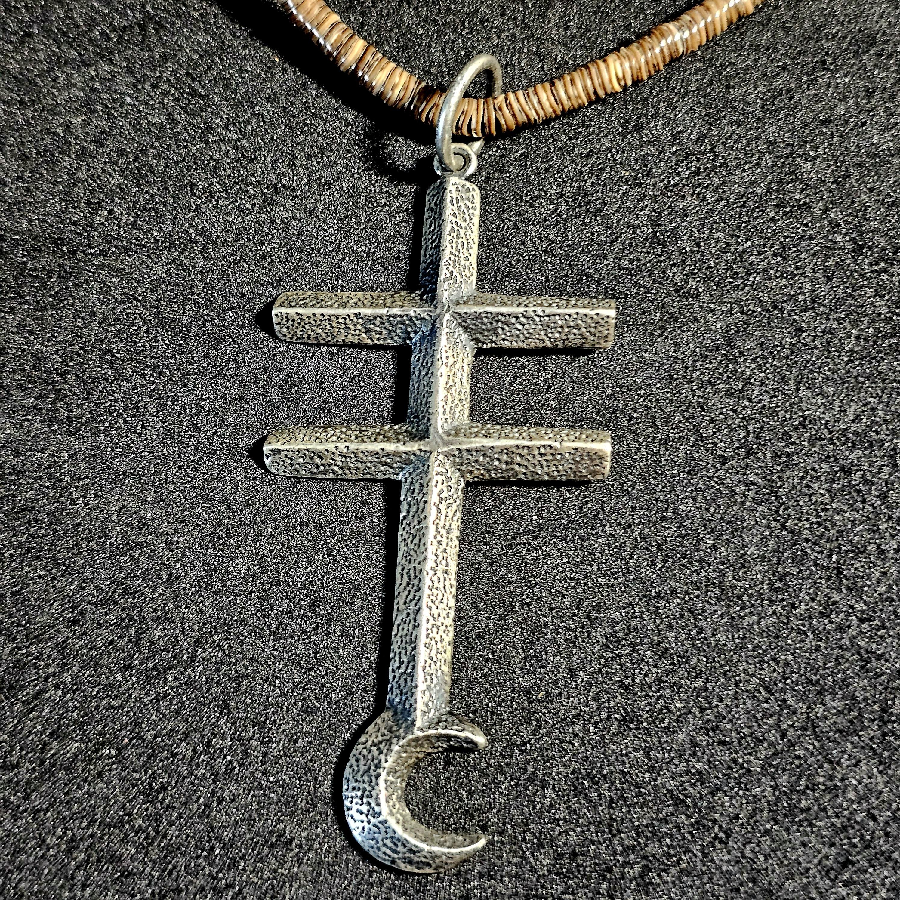 Pueblo Cross Signed Sterling Necklace Heishi Old Pawn C1970s JN 792