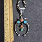 Naja Squash Blossom Turquoise & Coral Native Sterling Necklace  Old Pawn C1970s JN 803