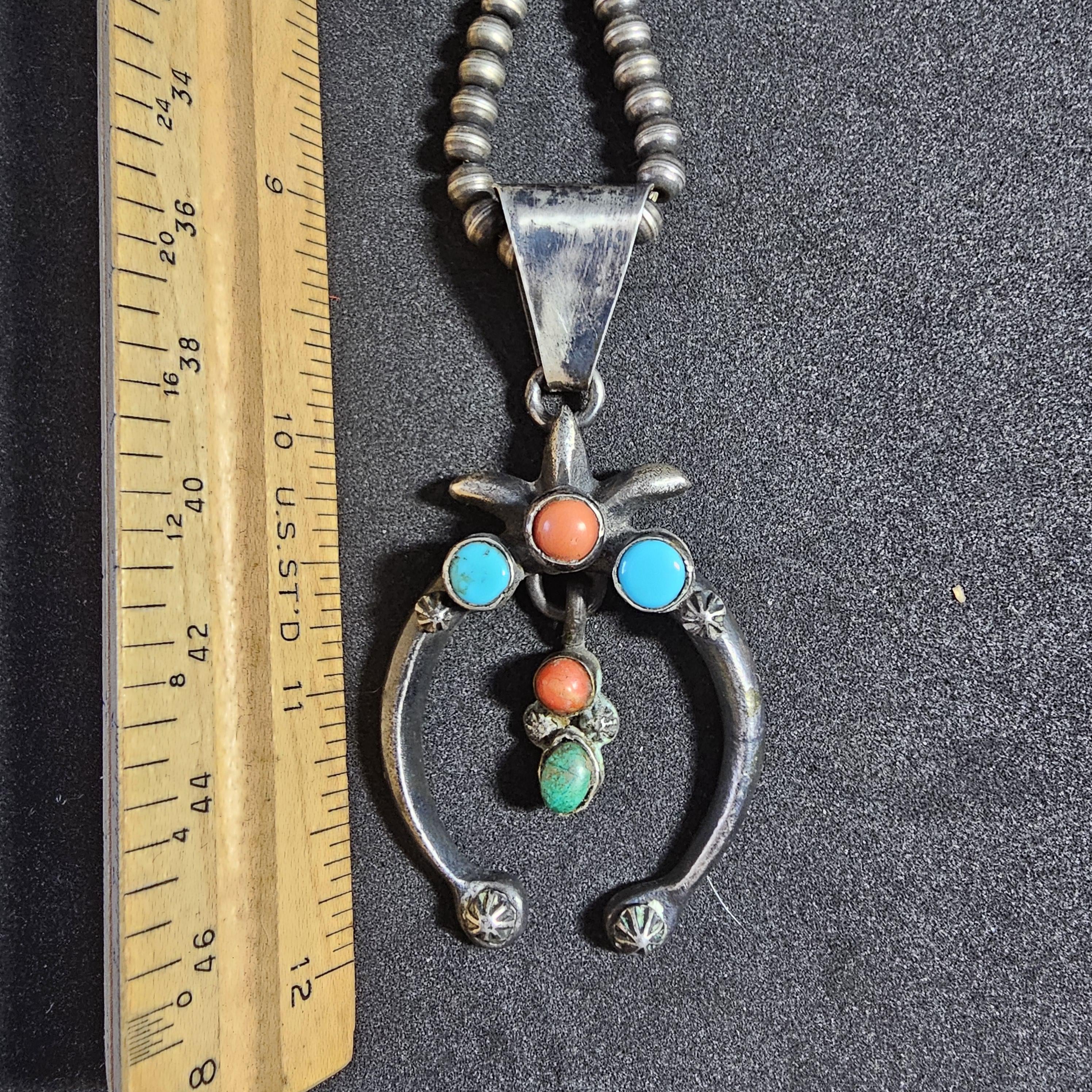 Naja Squash Blossom Turquoise & Coral Native Sterling Necklace  Old Pawn C1970s JN 803