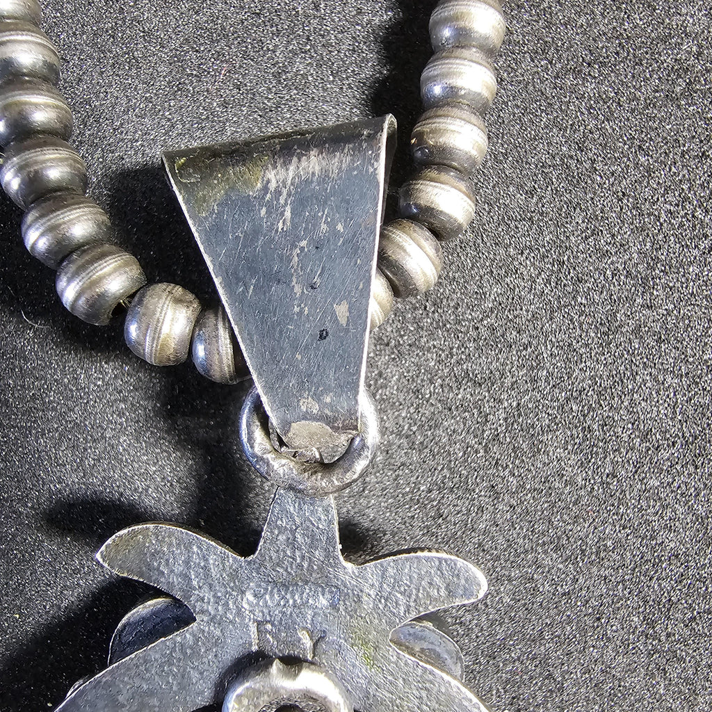 Naja Squash Blossom Turquoise & Coral Native Sterling Necklace  Old Pawn C1970s JN 803