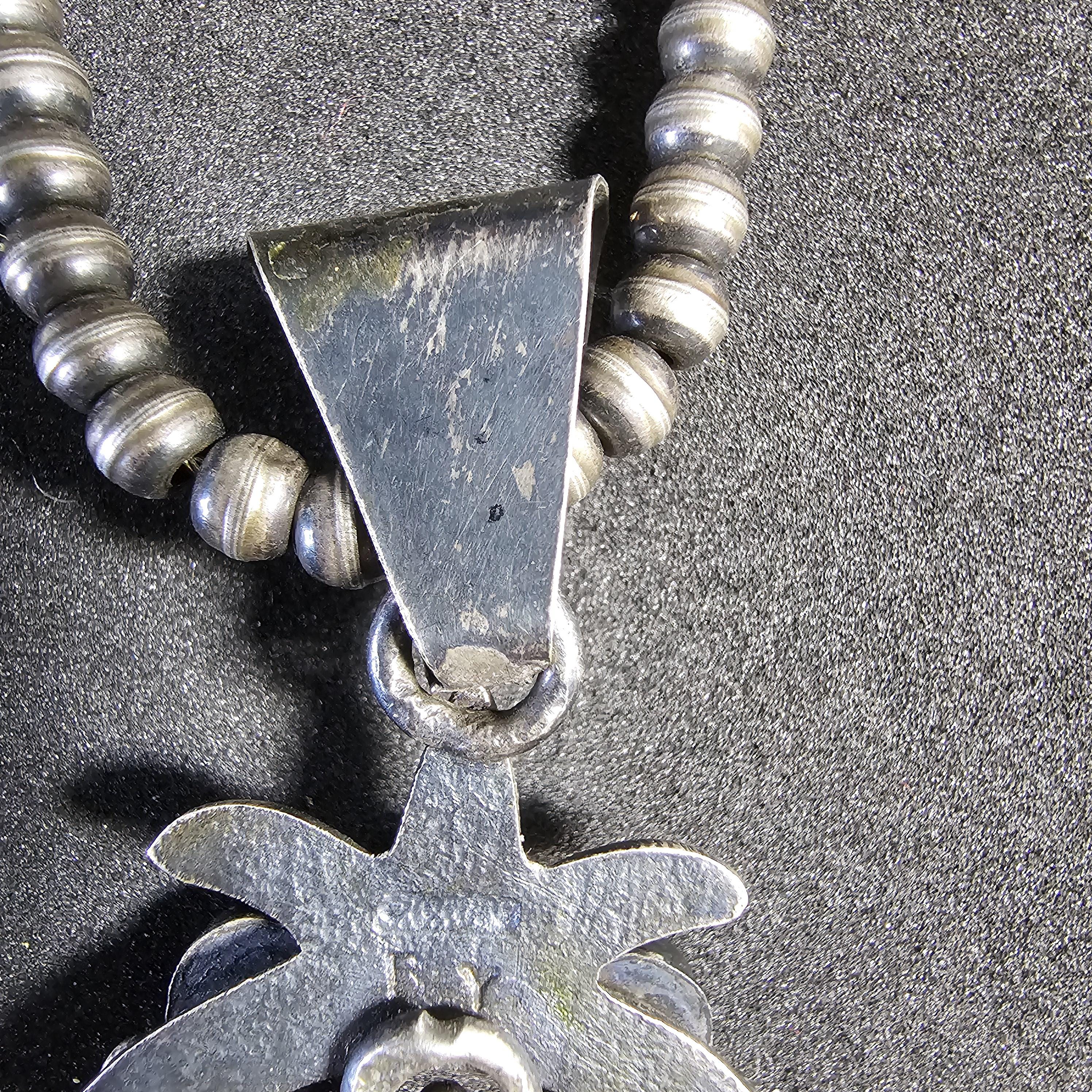 Naja Squash Blossom Turquoise & Coral Native Sterling Necklace  Old Pawn C1970s JN 803