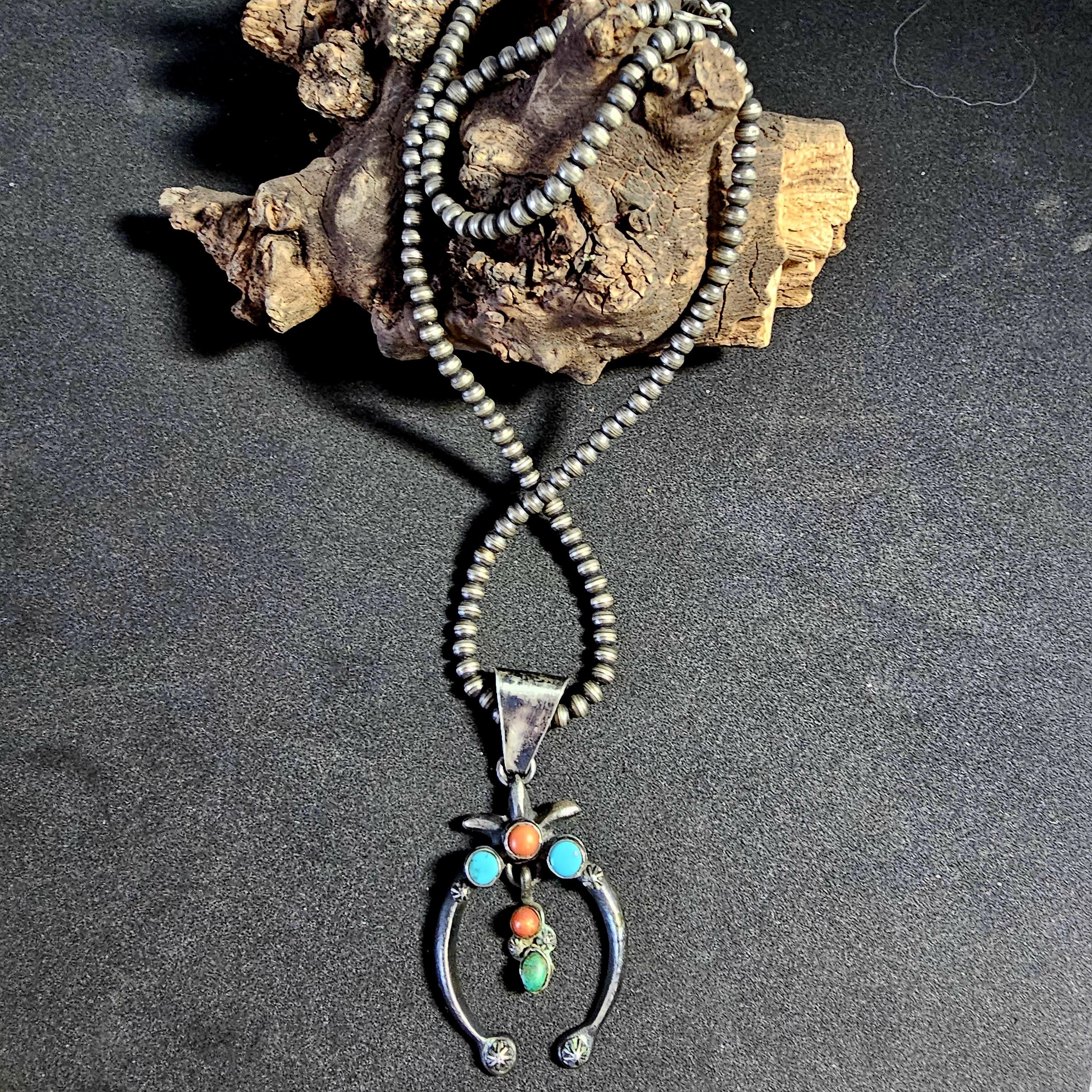Naja Squash Blossom Turquoise & Coral Native Sterling Necklace  Old Pawn C1970s JN 803