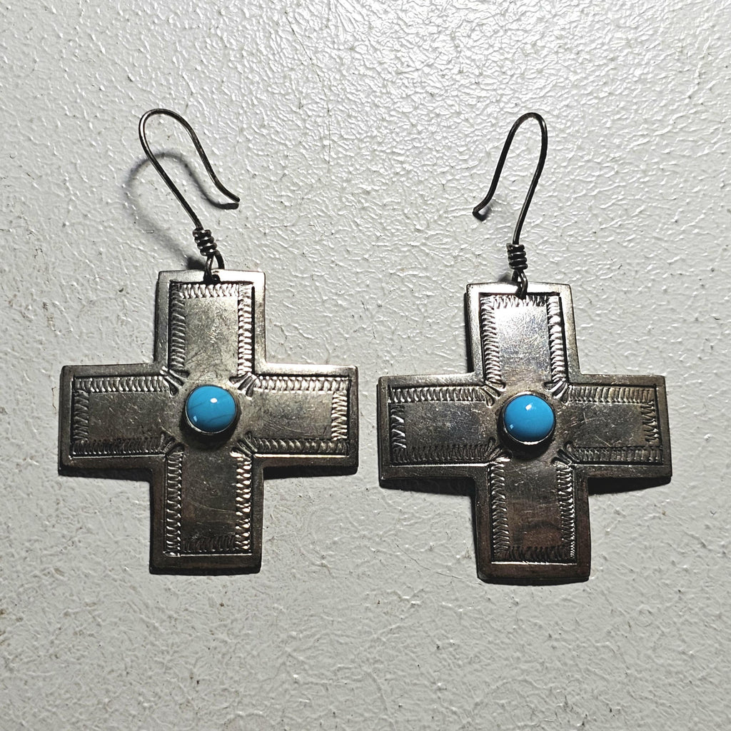 Vintage Silver Turquoise Cross Native Earrings JE 646