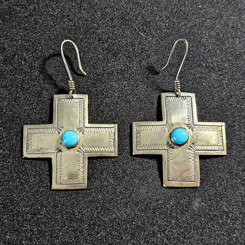 Vintage Silver Turquoise Cross Native Earrings JE 646