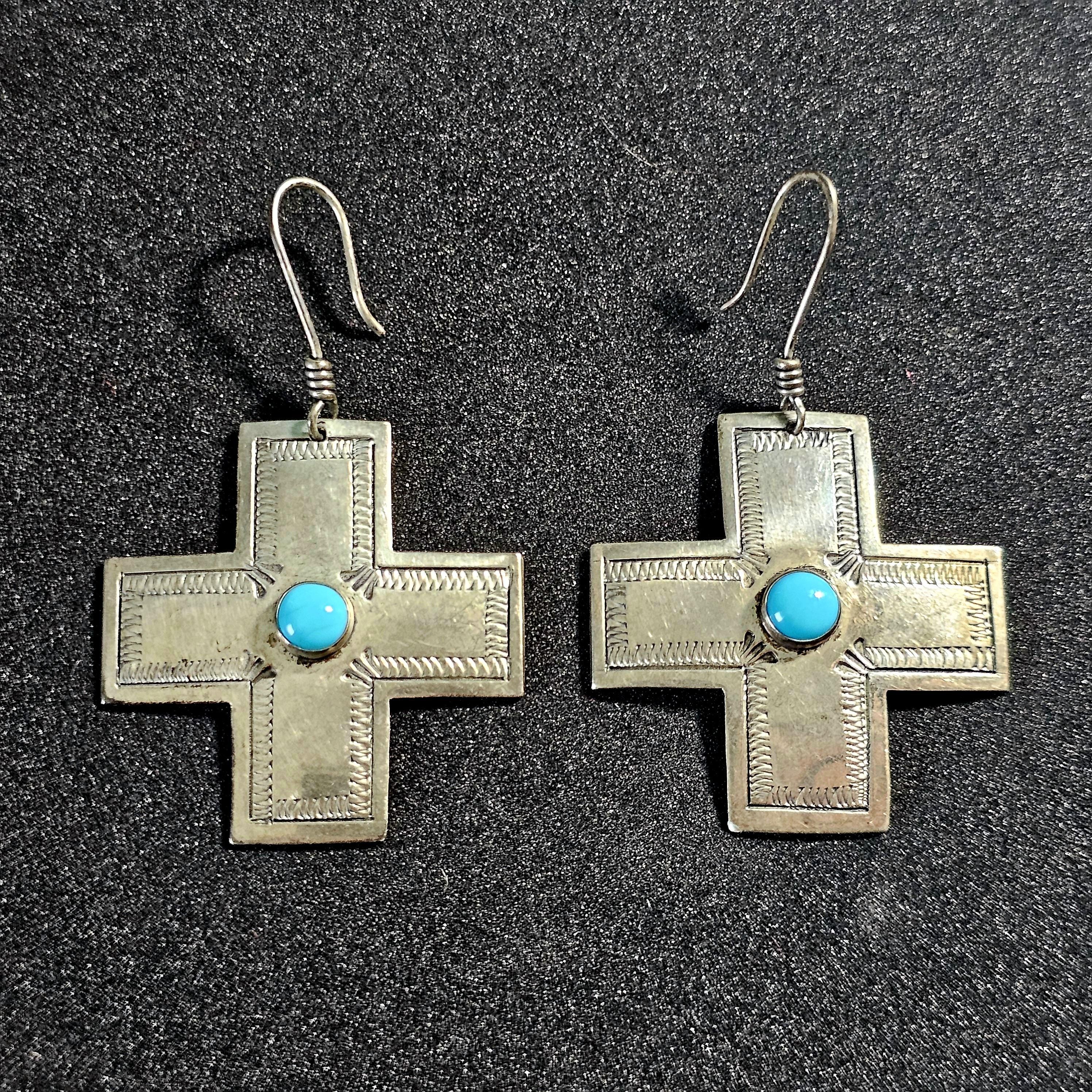Vintage Silver Turquoise Cross Native Earrings JE 646