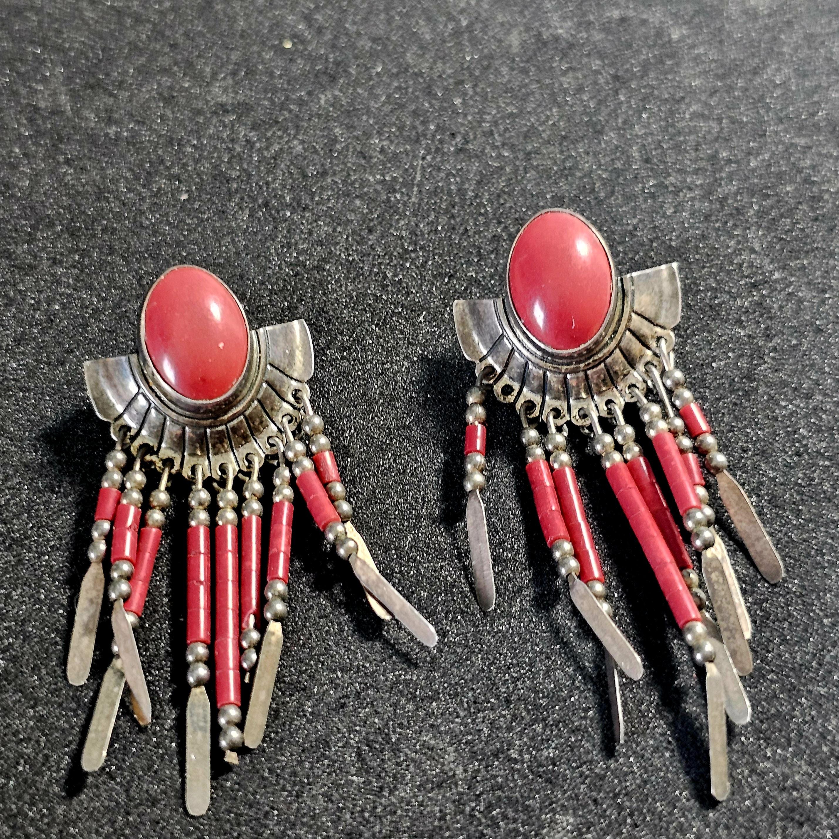 Red Dangley Silver Vintage Earrings JE 645