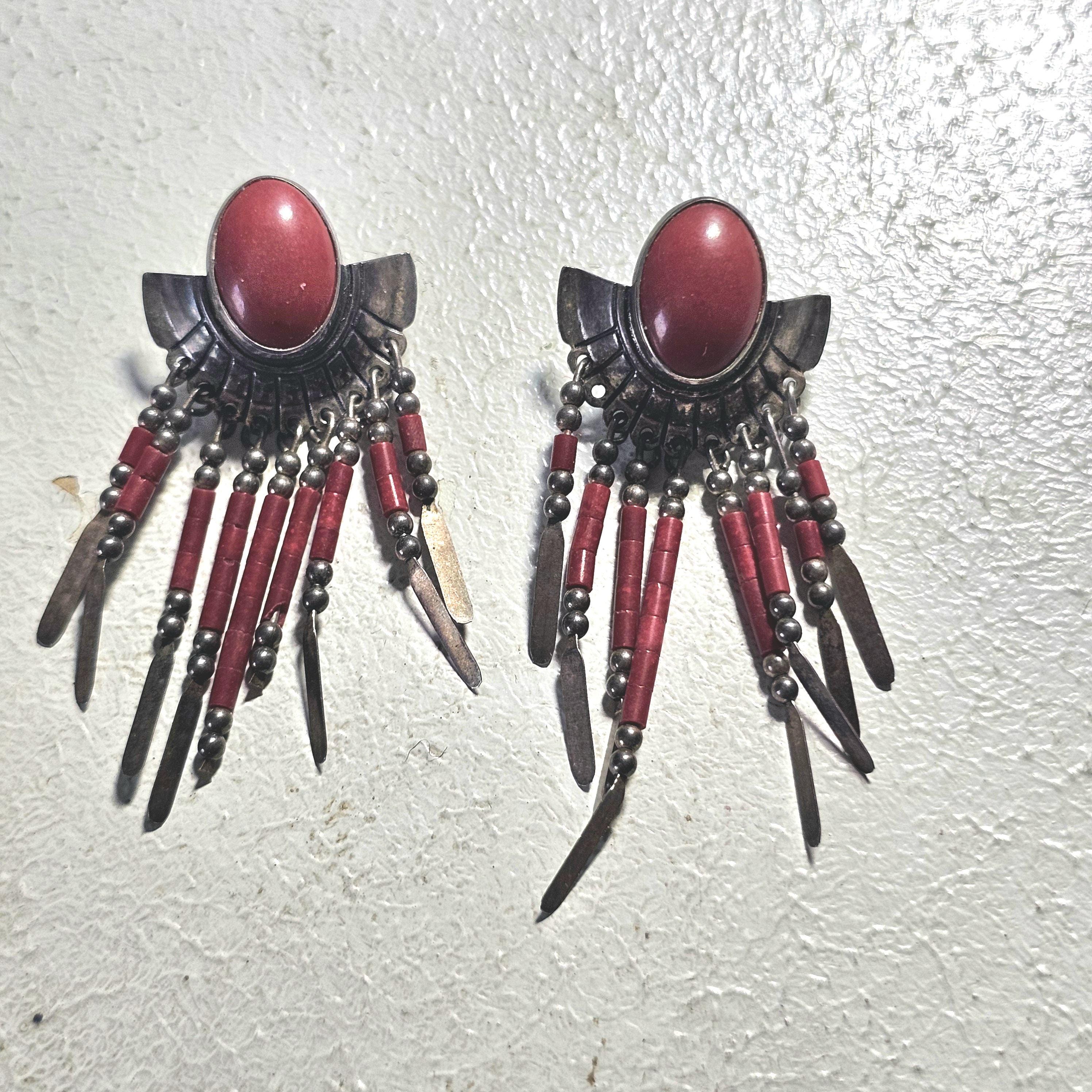Red Dangley Silver Vintage Earrings JE 645