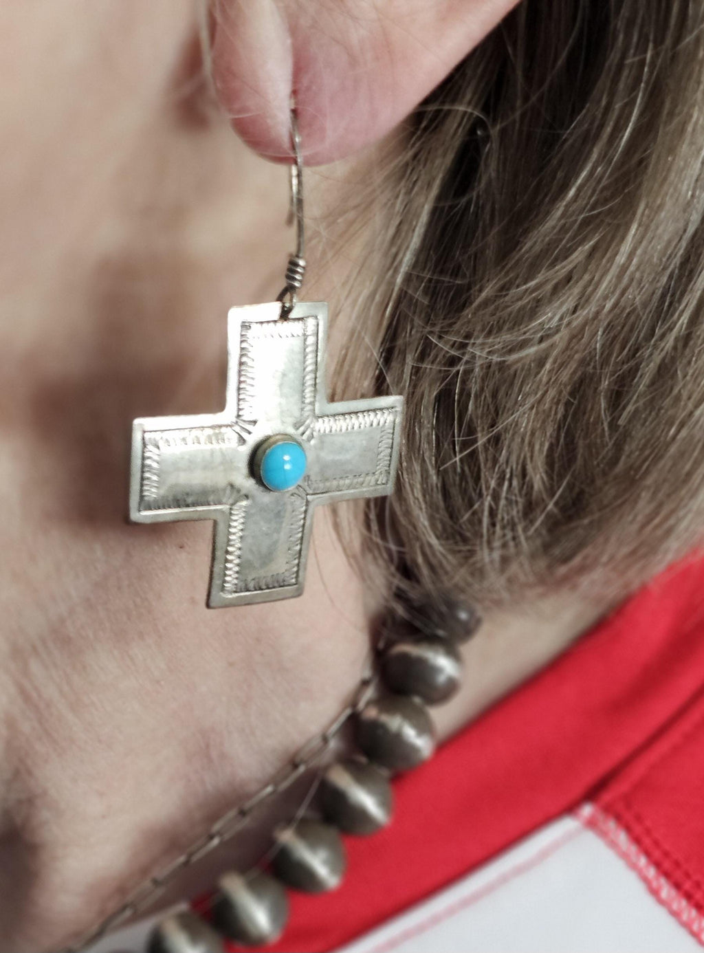 Vintage Silver Turquoise Cross Native Earrings JE 646