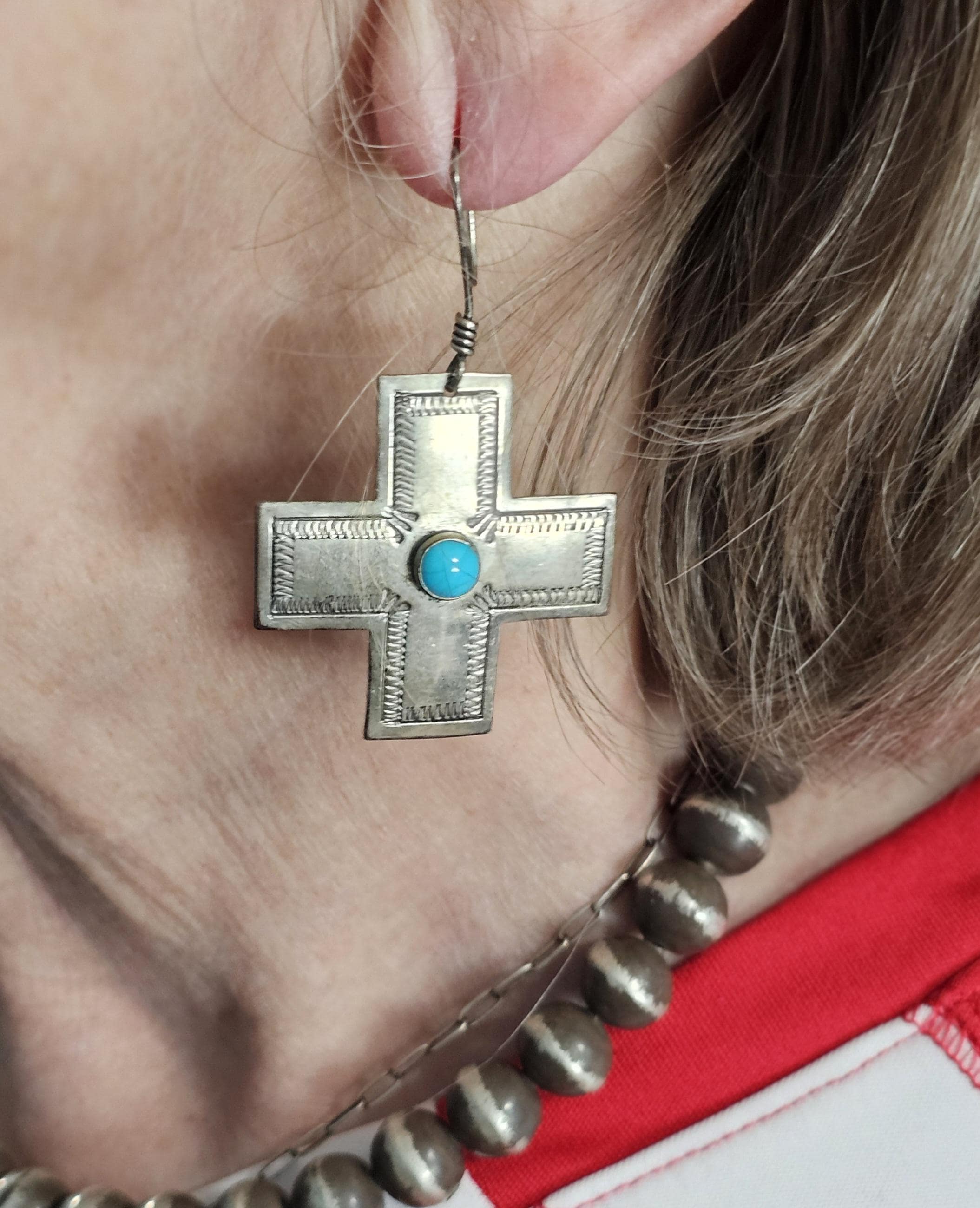 Vintage Silver Turquoise Cross Native Earrings JE 646