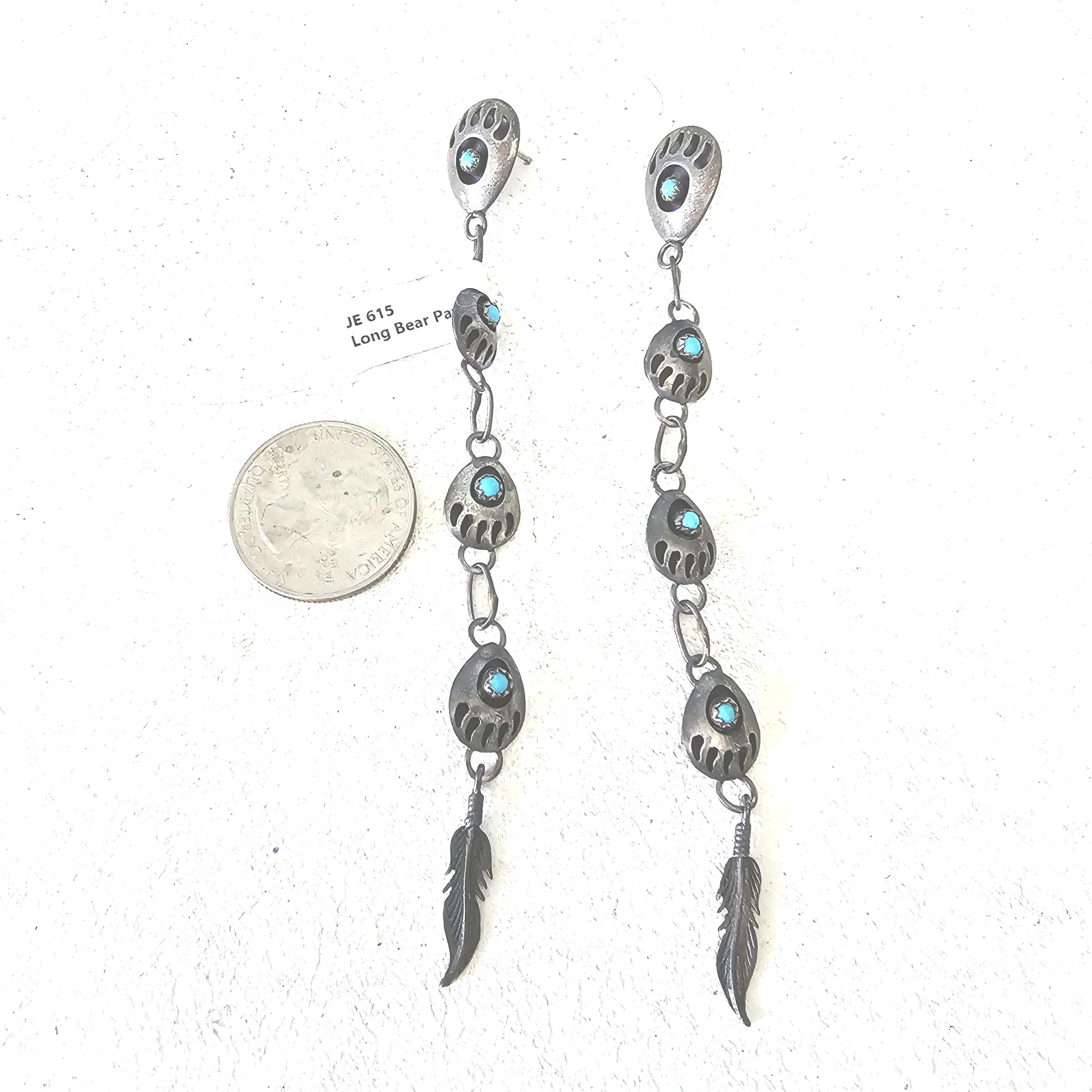 4 1/2" Long Vintage Native Turquoise Bear Paw & Feathers Earrings Old Pawn  JE 615