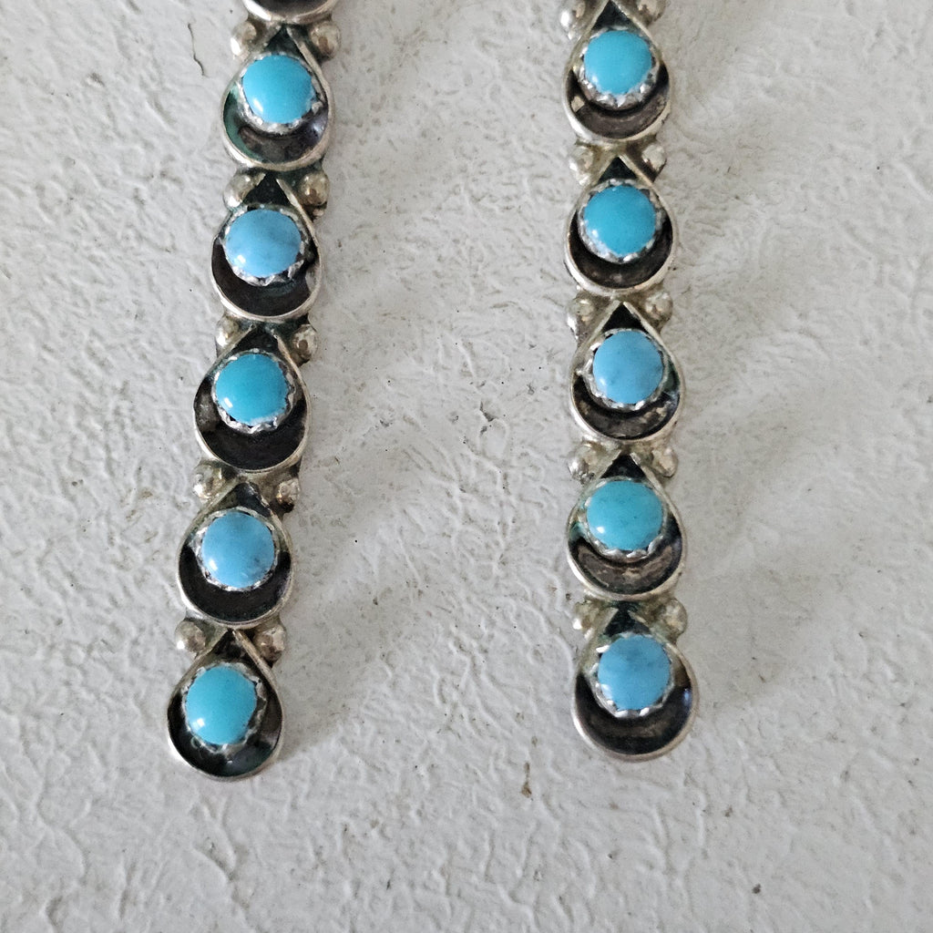 Long Zuni Shadowbox Earrings Blue Turquoise Old Pawn JE 635