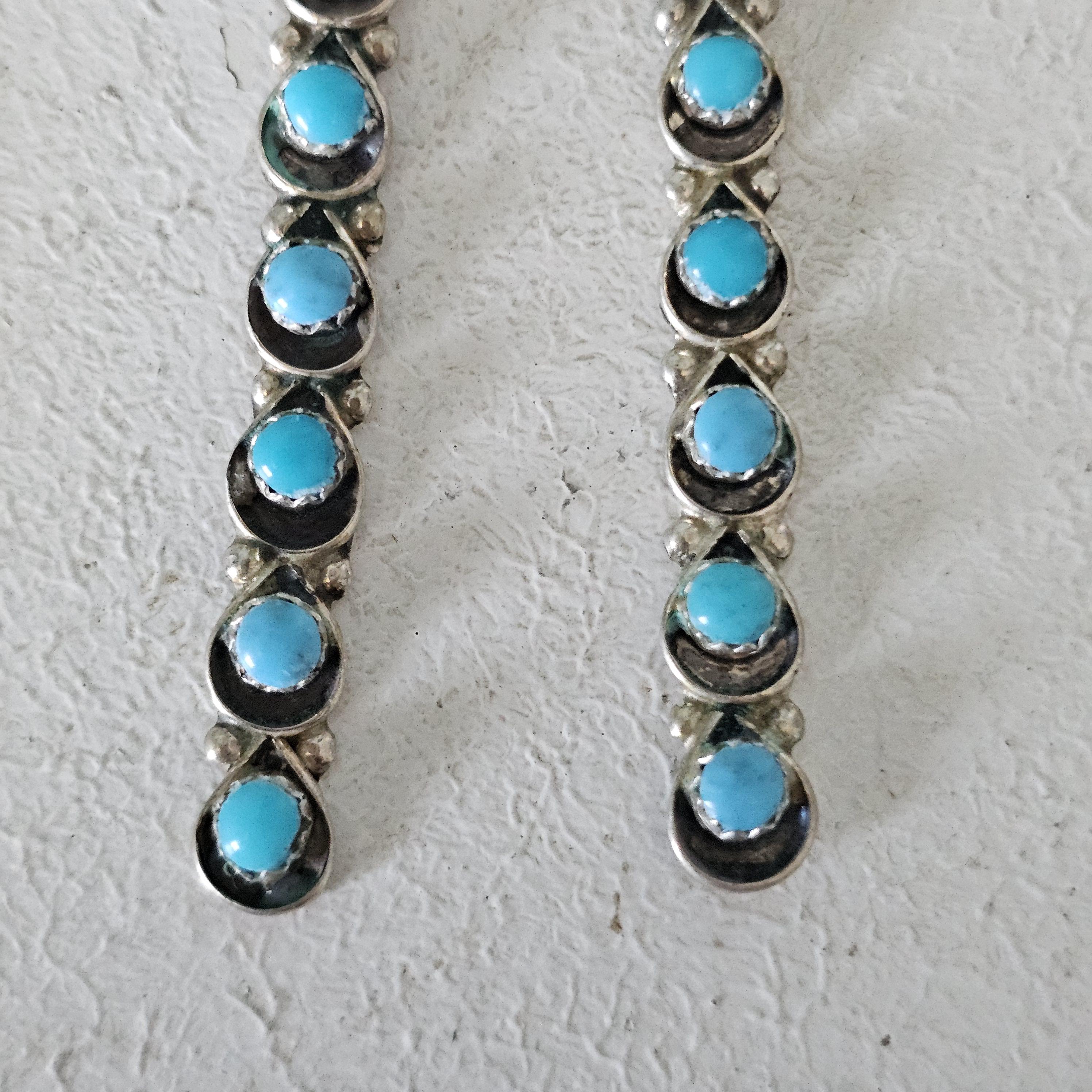 Long Zuni Shadowbox Earrings Blue Turquoise Old Pawn JE 635