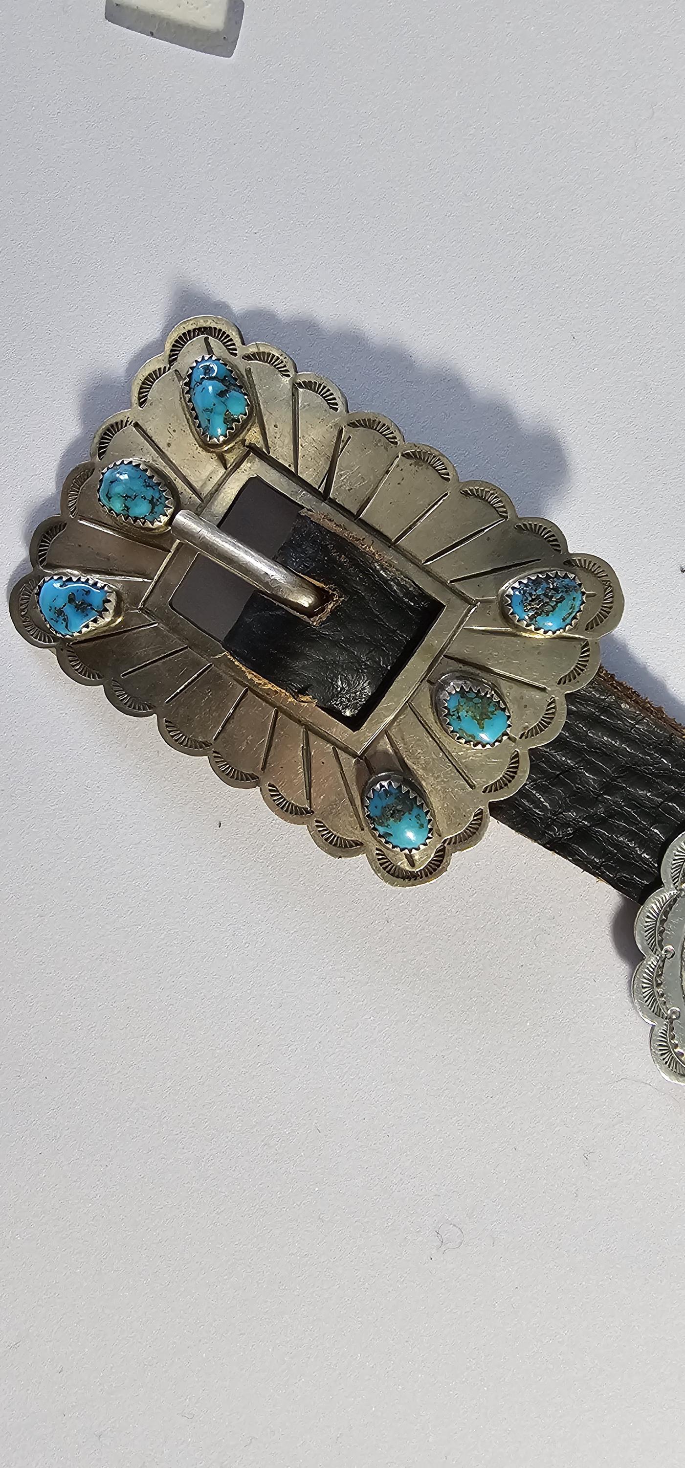 Vintage Concho Belt Sterling & Turquoise Navajo Old Pawn. JBL 157