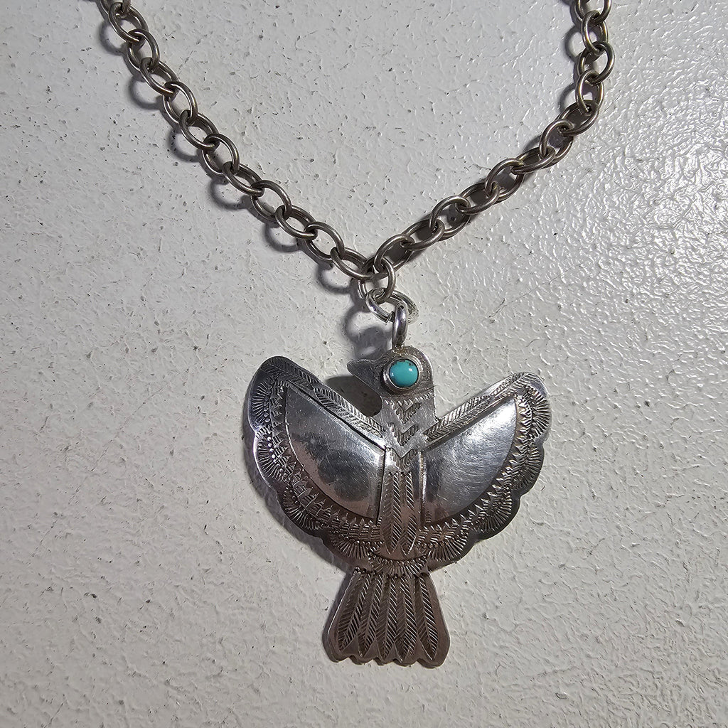 1930s Silver & Turquoise Thunderbird Necklace Vintage Old Pawn JN 806