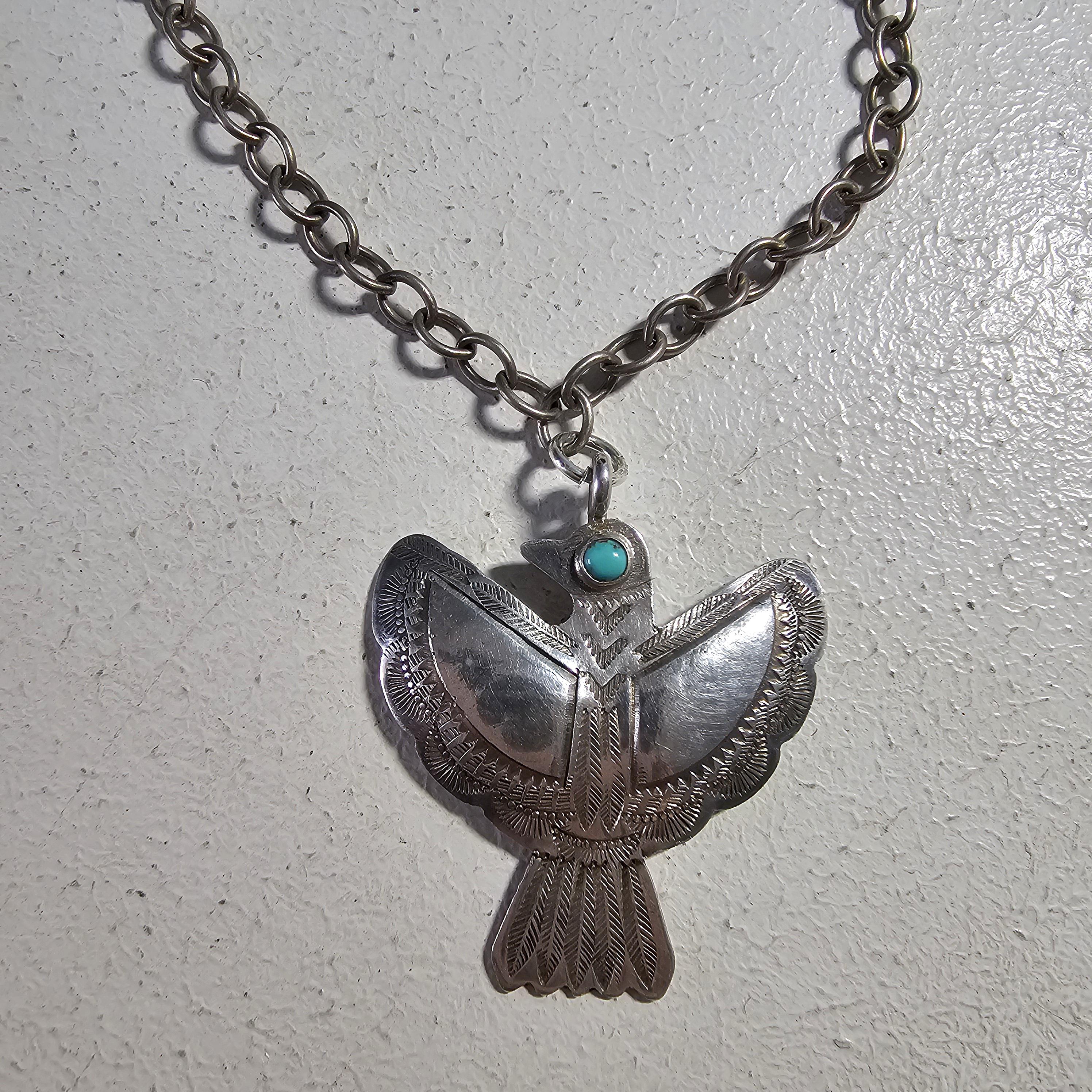 1930s Silver & Turquoise Thunderbird Necklace Vintage Old Pawn JN 806