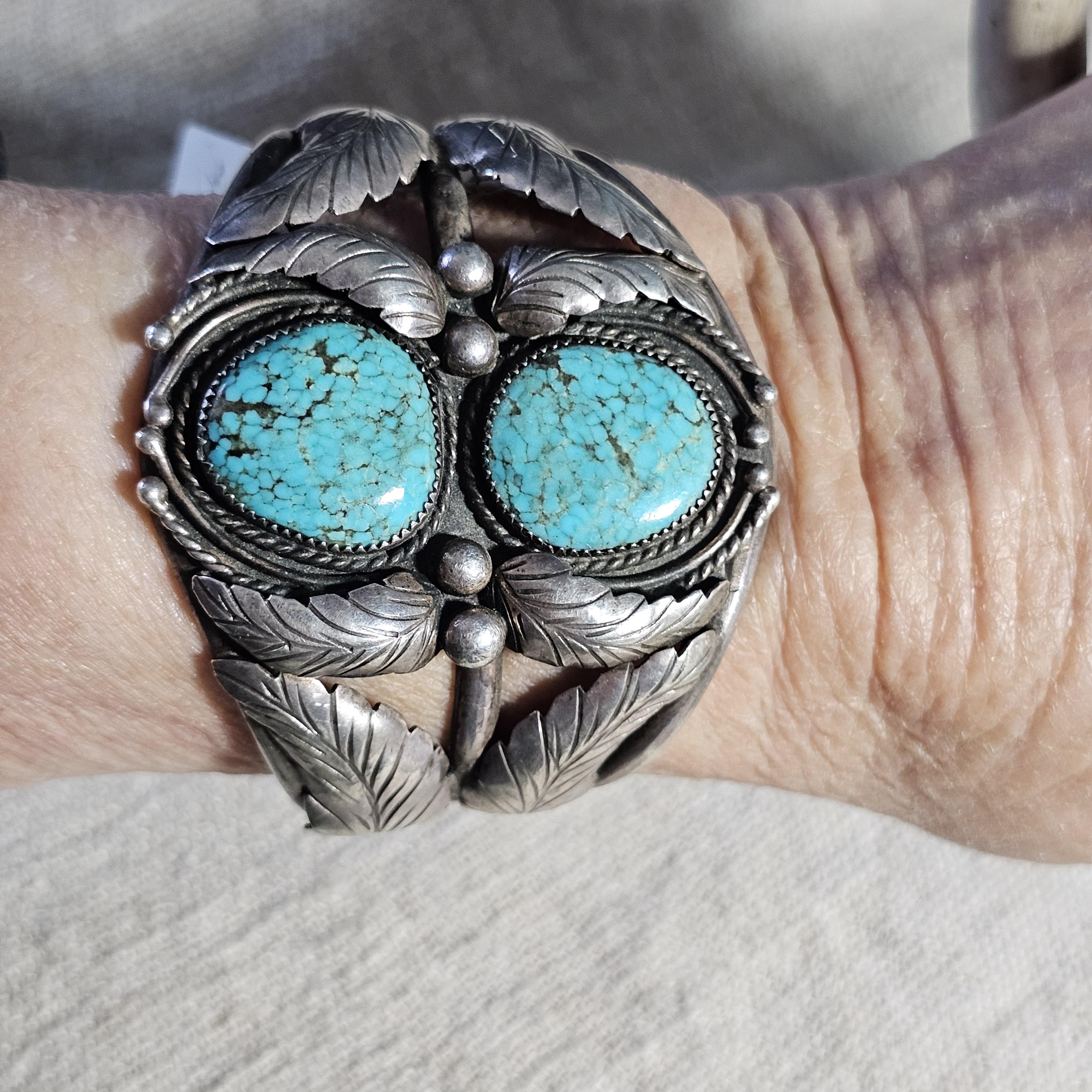 Number 8 Turquoise Fancy Silverwork Vintage Native Old Pawn Cuff  fits 6" wrist. JB 231