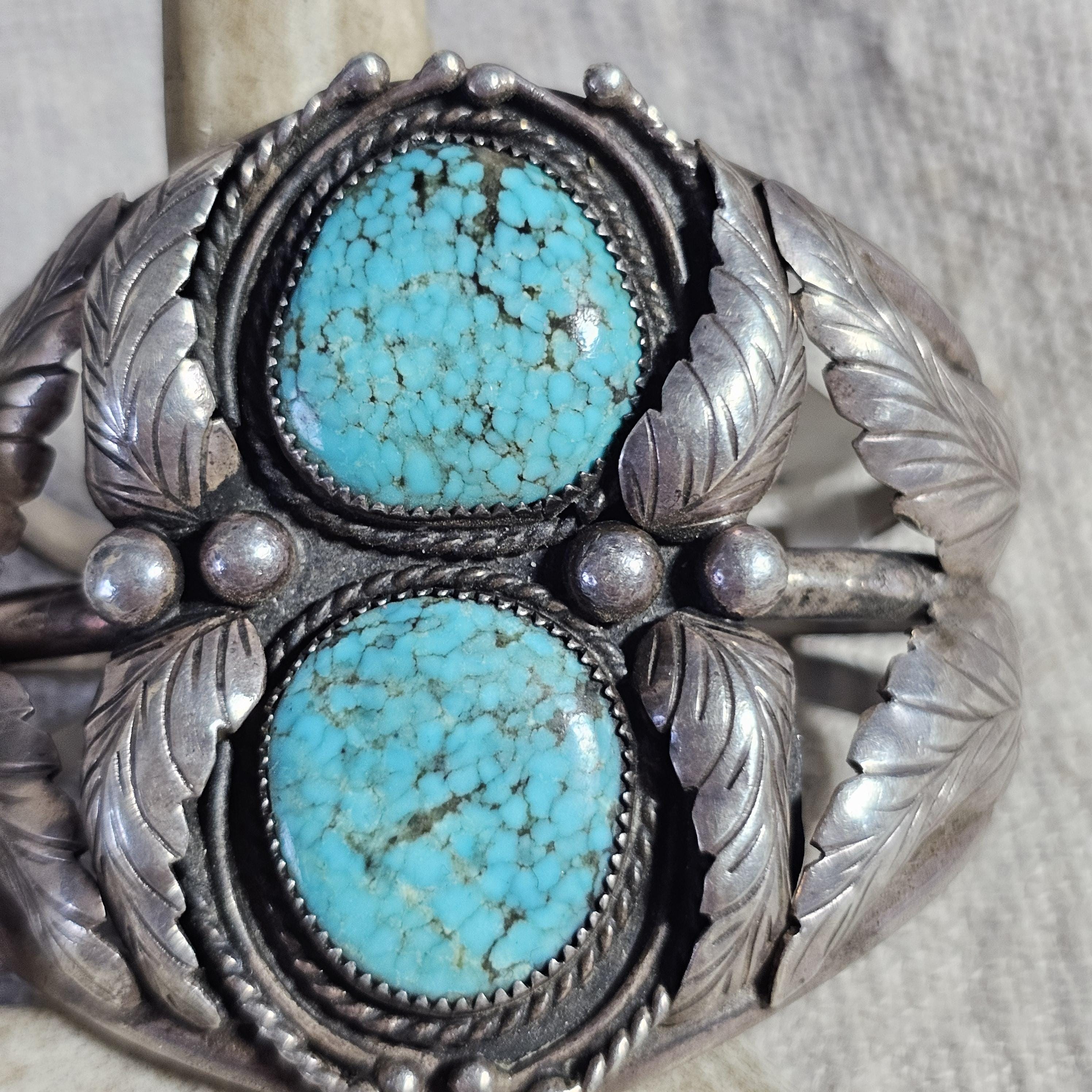 Number 8 Turquoise Fancy Silverwork Vintage Native Old Pawn Cuff  fits 6" wrist. JB 231