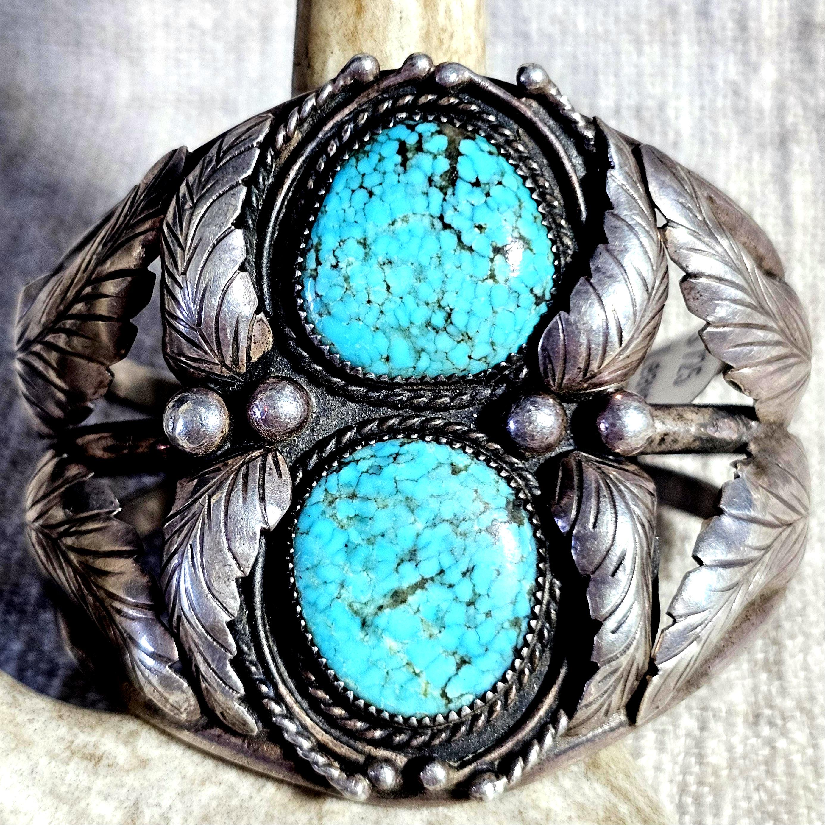 Number 8 Turquoise Fancy Silverwork Vintage Native Old Pawn Cuff  fits 6" wrist. JB 231