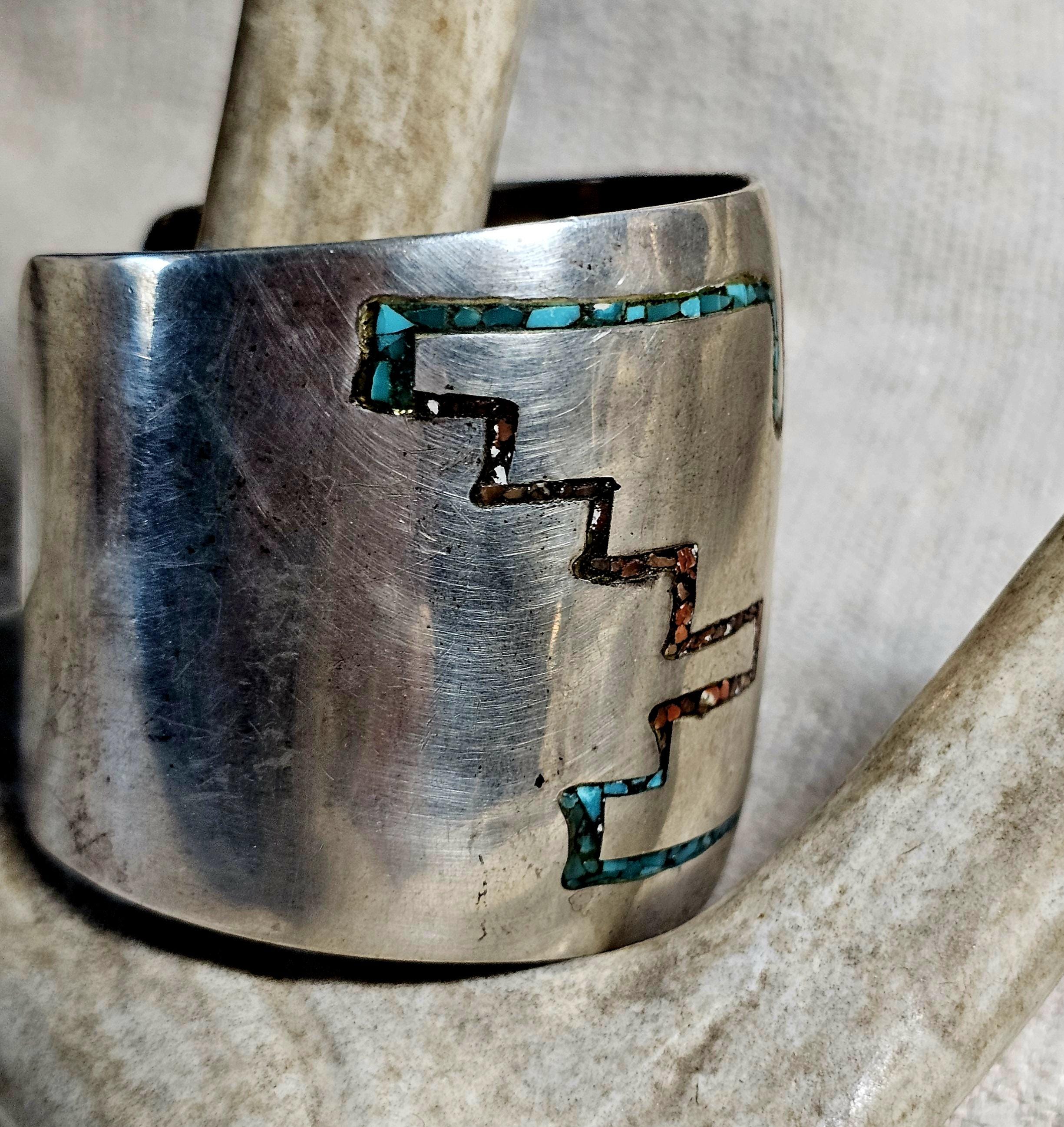1930s Rare Harvey Era Thunderbird Sterling Zuni Inlay Wide Vintage Cuff  6 1/4" wrist  JB 283
