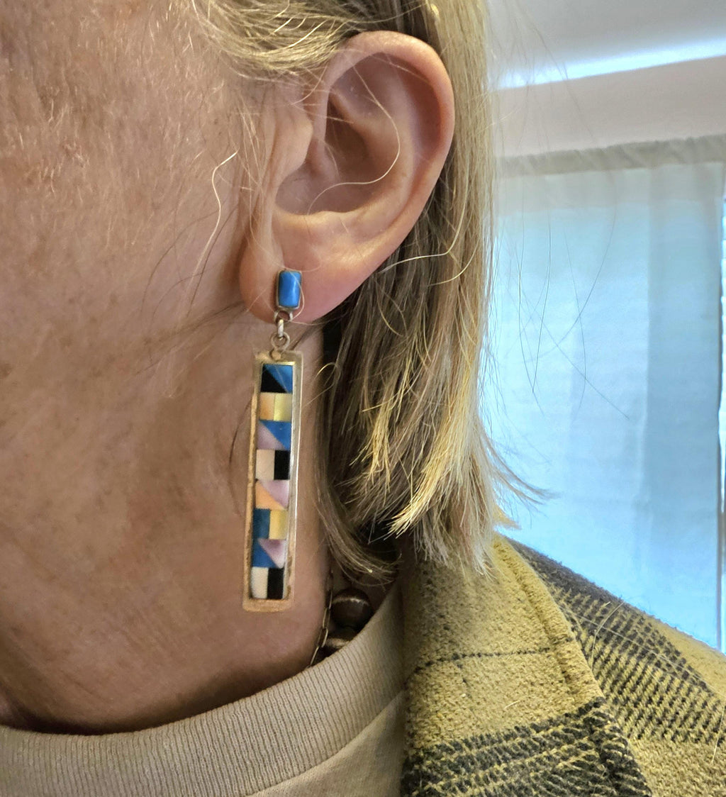 Zuni Multi Color Inlay Native Earrings Old Pawn 2 3/4"  JE 611