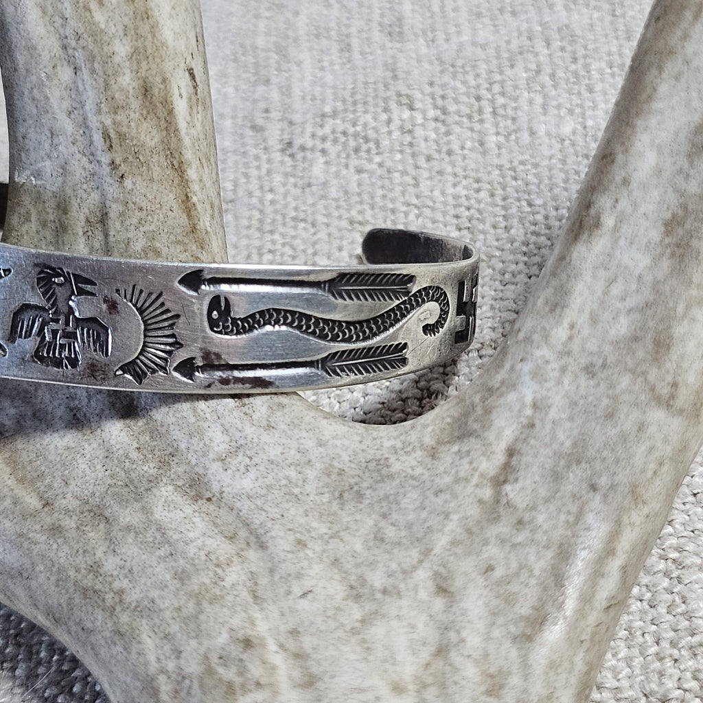 1930s Thunderbird Whirling Log Sterling Cuff  7" wrist  JB 295