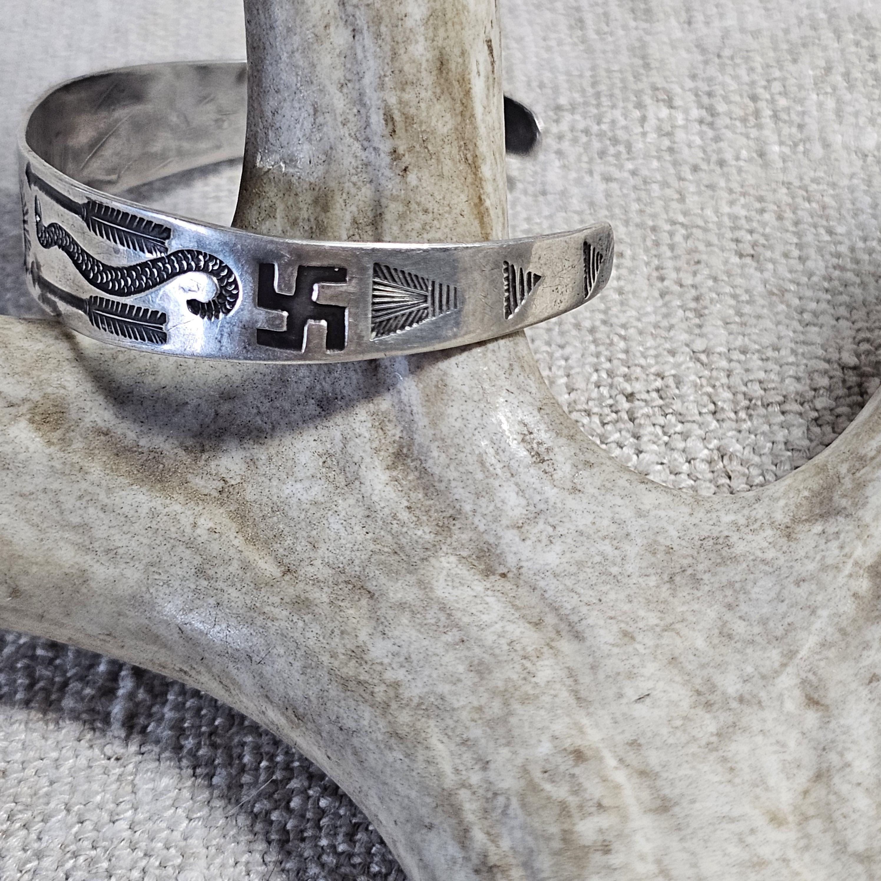 1930s Thunderbird Whirling Log Sterling Cuff  7" wrist  JB 295