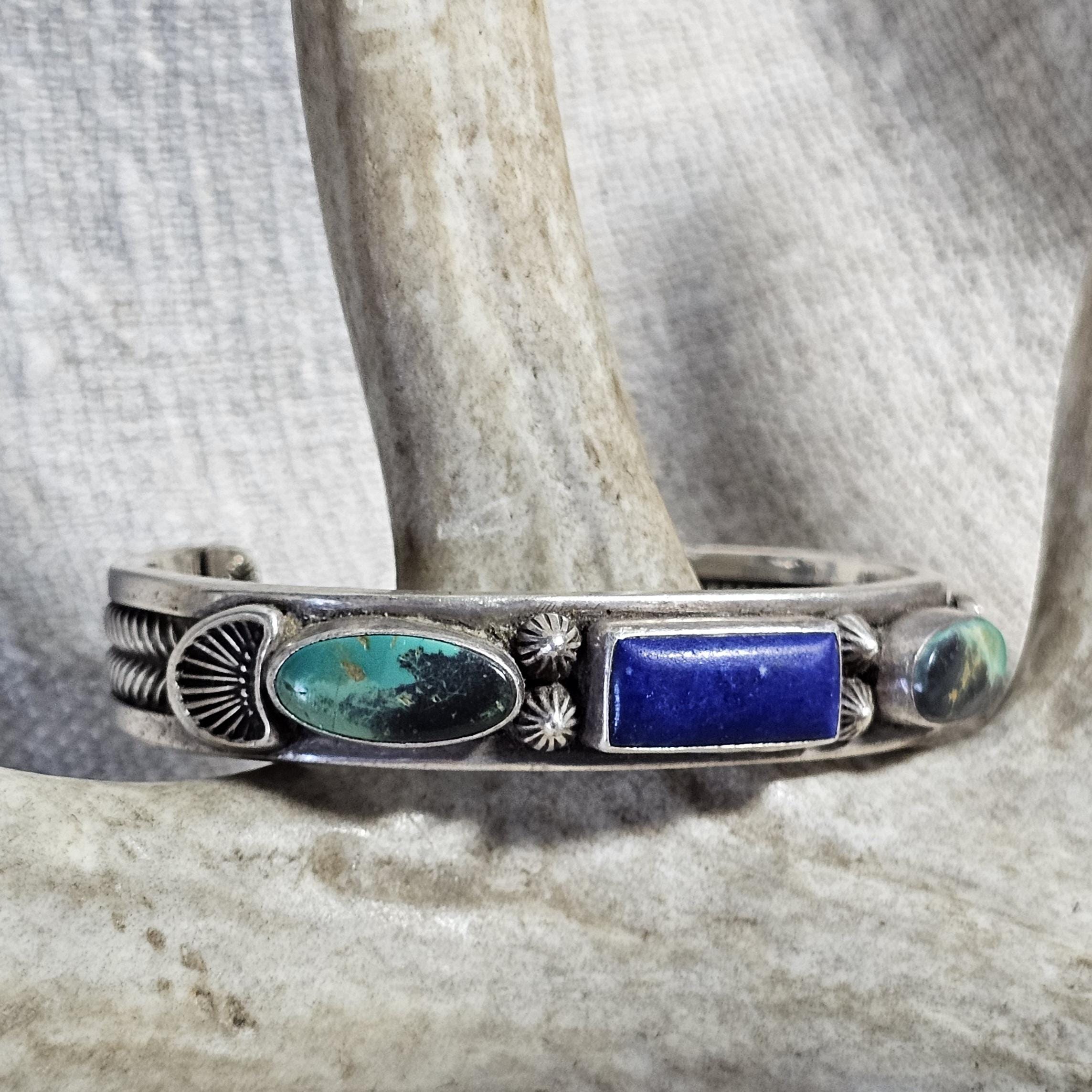 Harry H Begay Turquoise & Lapis Sterling Old Pawn cuff fits 6 1/4" wrist. JB 291