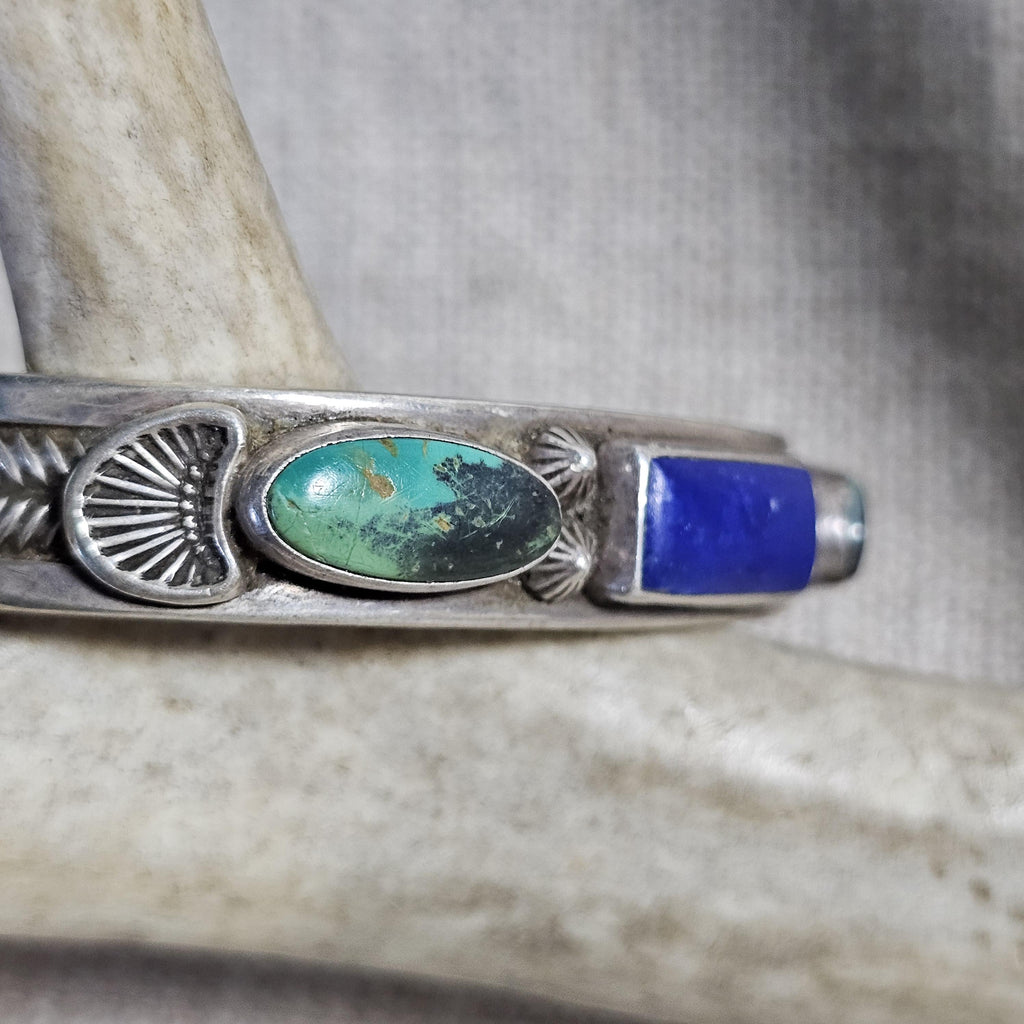 Harry H Begay Turquoise & Lapis Sterling Old Pawn cuff fits 6 1/4" wrist. JB 291