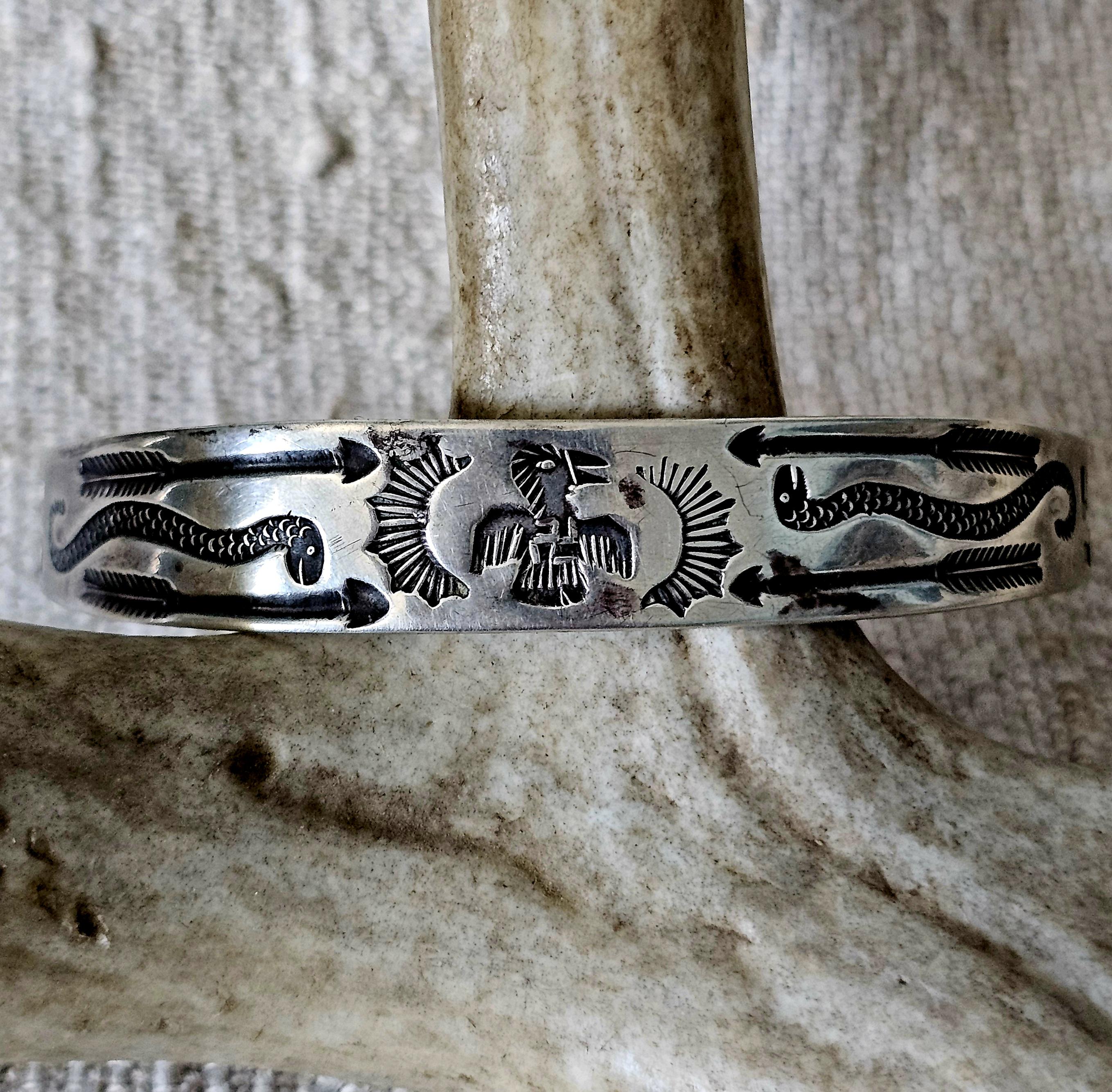 1930s Thunderbird Whirling Log Sterling Cuff  7" wrist  JB 295