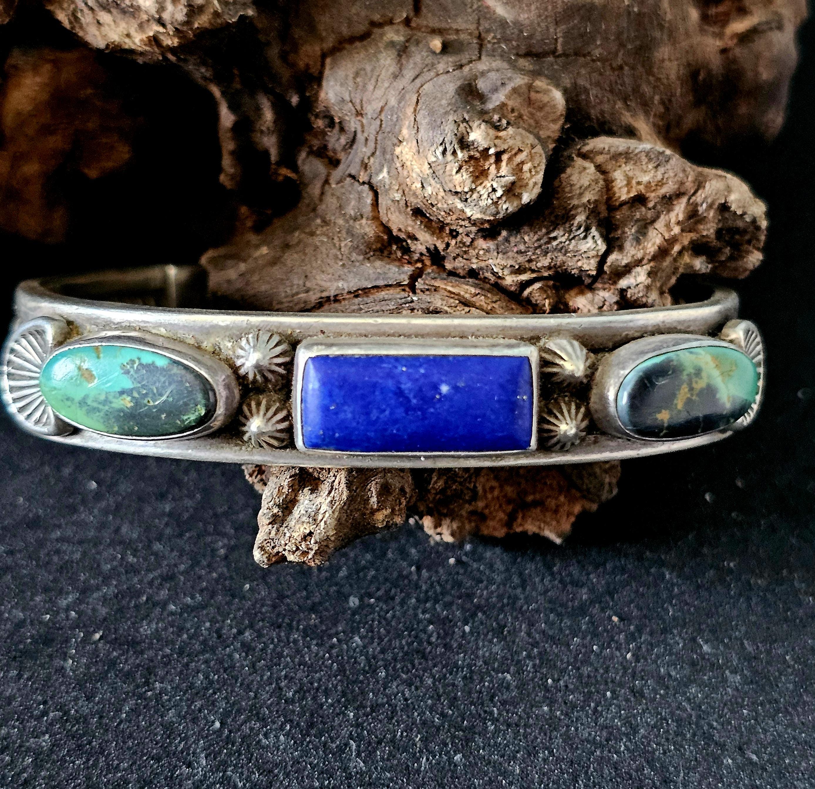Harry H Begay Turquoise & Lapis Sterling Old Pawn cuff fits 6 1/4" wrist. JB 291