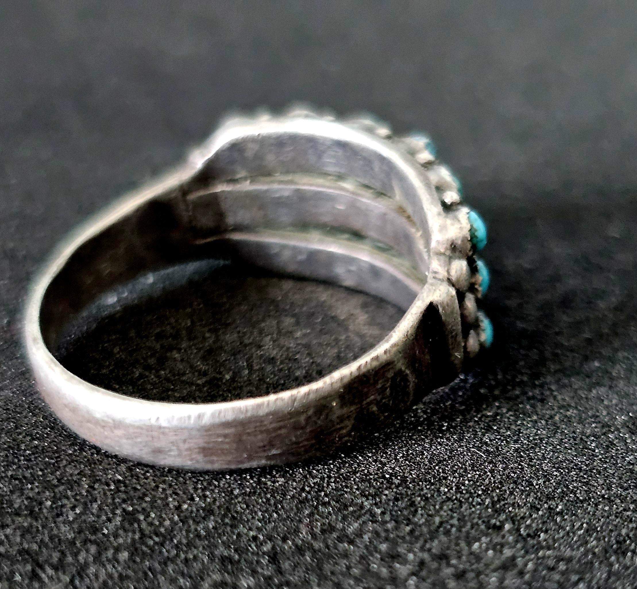 1940s Zuni Triple Band  Snakeye Turquoise Silver Ring Vintage Sterling Size 7 1/2 JR 473