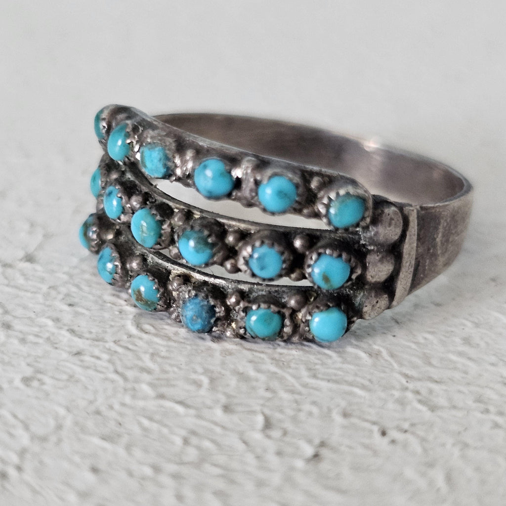 1940s Zuni Triple Band  Snakeye Turquoise Silver Ring Vintage Sterling Size 7 1/2 JR 473