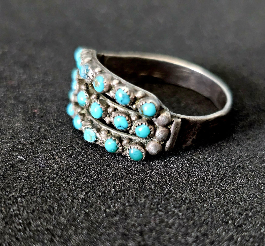 1940s Zuni Triple Band  Snakeye Turquoise Silver Ring Vintage Sterling Size 7 1/2 JR 473