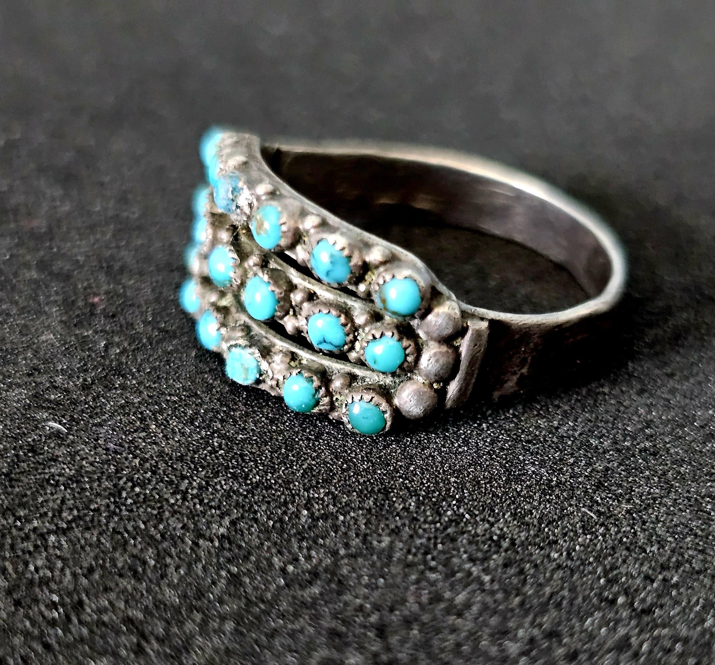 1940s Zuni Triple Band  Snakeye Turquoise Silver Ring Vintage Sterling Size 7 1/2 JR 473