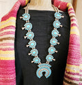 Signed Zuni Statement Blue Turquoise Squash Blossom Necklace: Old Pawn Sterling Silver  JN 741