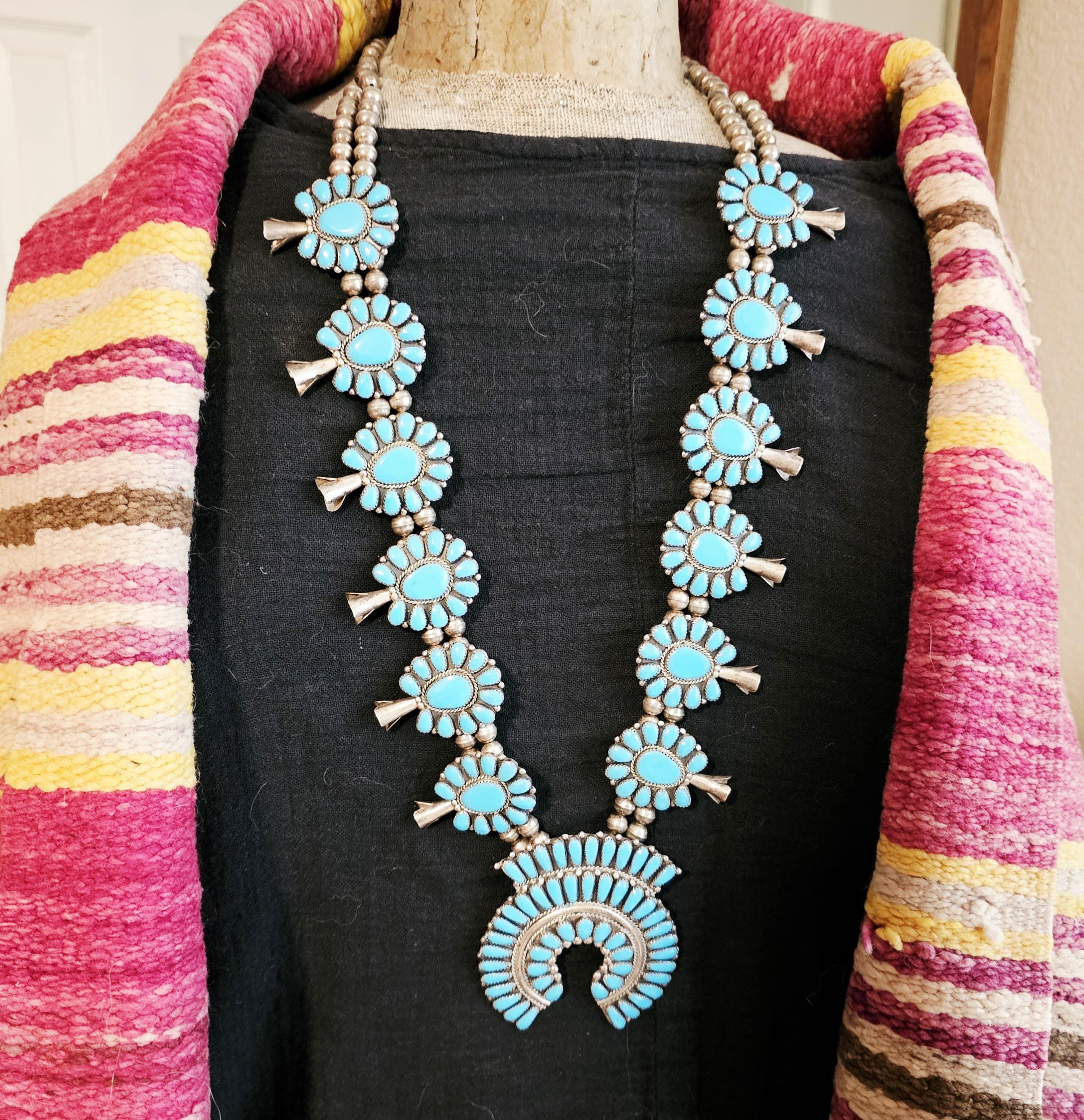 Signed Zuni Statement Blue Turquoise Squash Blossom Necklace: Old Pawn Sterling Silver  JN 741