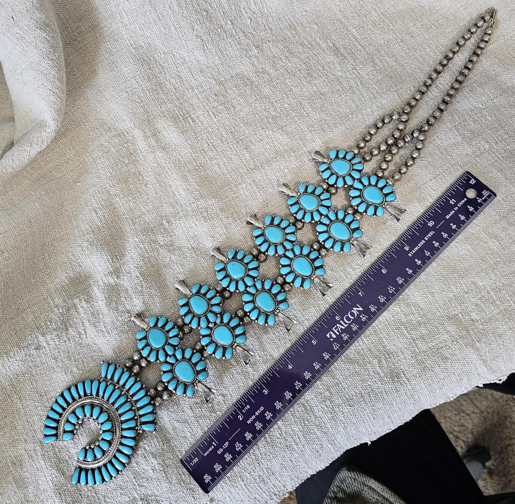 Signed Zuni Statement Blue Turquoise Squash Blossom Necklace: Old Pawn Sterling Silver  JN 741