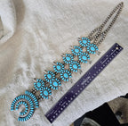 Signed Zuni Statement Blue Turquoise Squash Blossom Necklace: Old Pawn Sterling Silver  JN 741