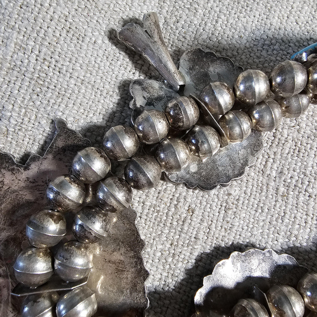 Signed Zuni Statement Blue Turquoise Squash Blossom Necklace: Old Pawn Sterling Silver  JN 741