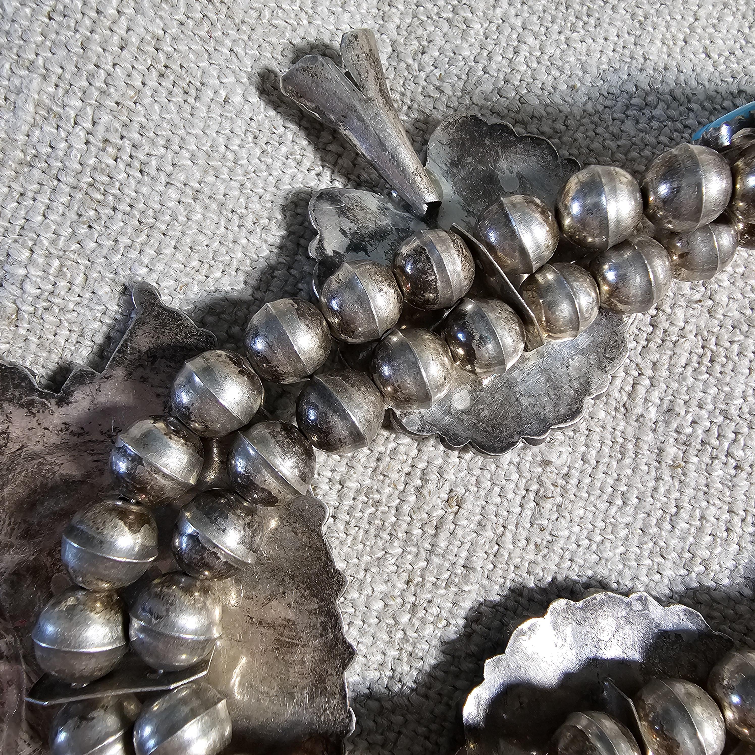 Signed Zuni Statement Blue Turquoise Squash Blossom Necklace: Old Pawn Sterling Silver  JN 741