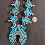 Signed Zuni Statement Blue Turquoise Squash Blossom Necklace: Old Pawn Sterling Silver  JN 741