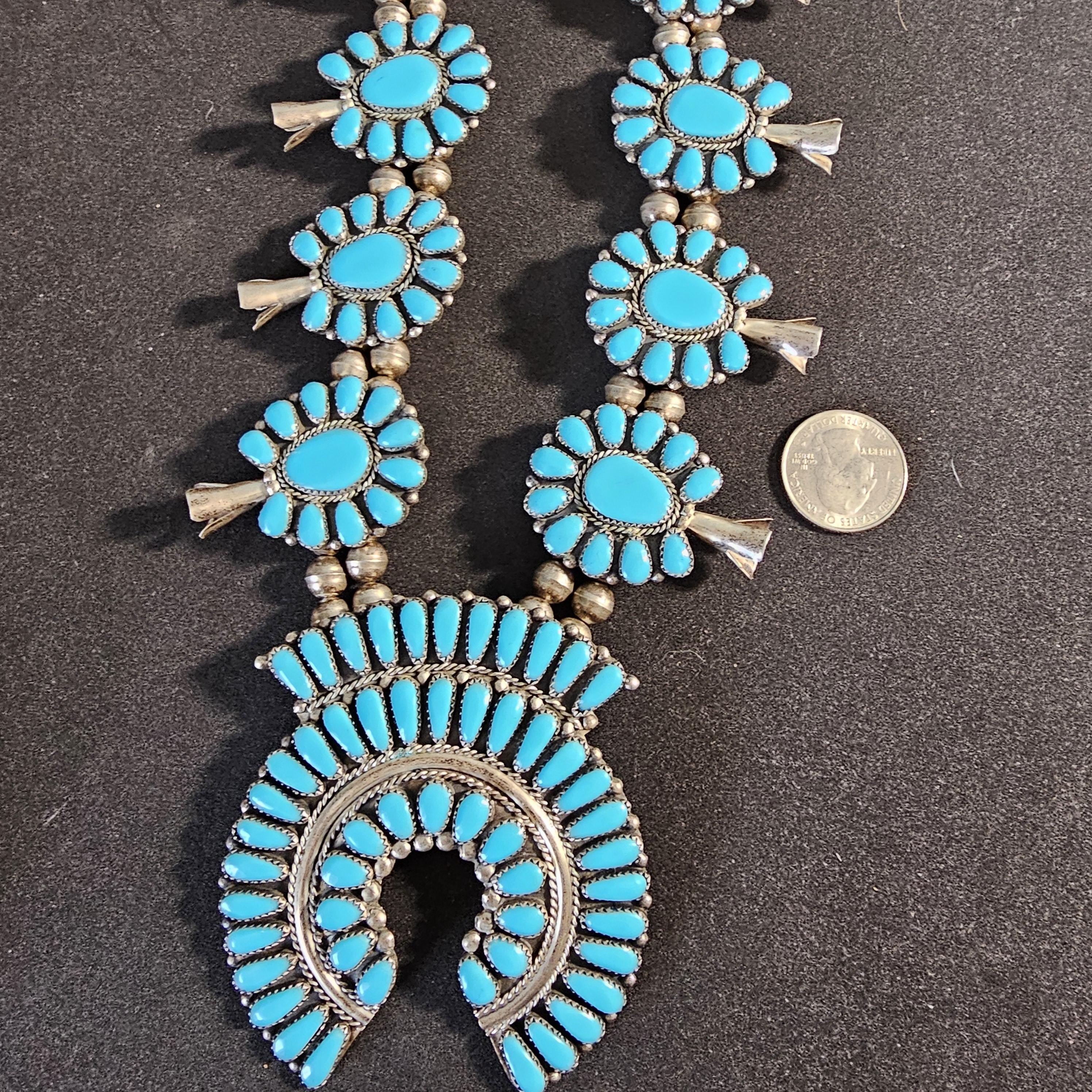 Signed Zuni Statement Blue Turquoise Squash Blossom Necklace: Old Pawn Sterling Silver  JN 741